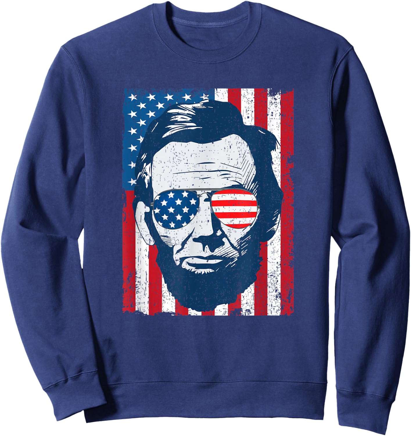 Abe Lincoln Beard Sunglasses & American Flag 4th of July Sweatshirt - Sweatshirt | Navy