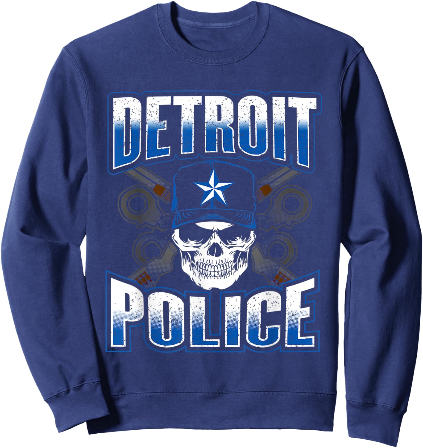 Detroit Michigan PD Policeman Graphic Skull Guns Thin Blue Sweatshirt - Sweatshirt | Navy