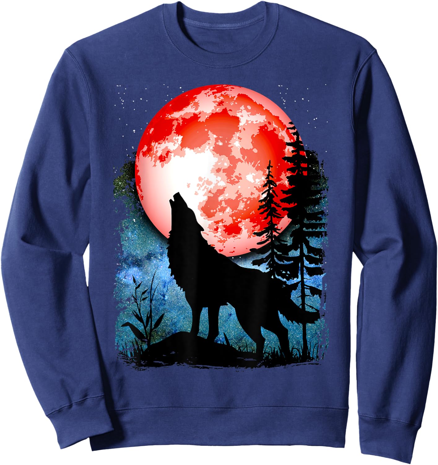 Wolf Howls Red Blood Moon Galaxy Star Night Sweatshirt - Sweatshirt | Navy
