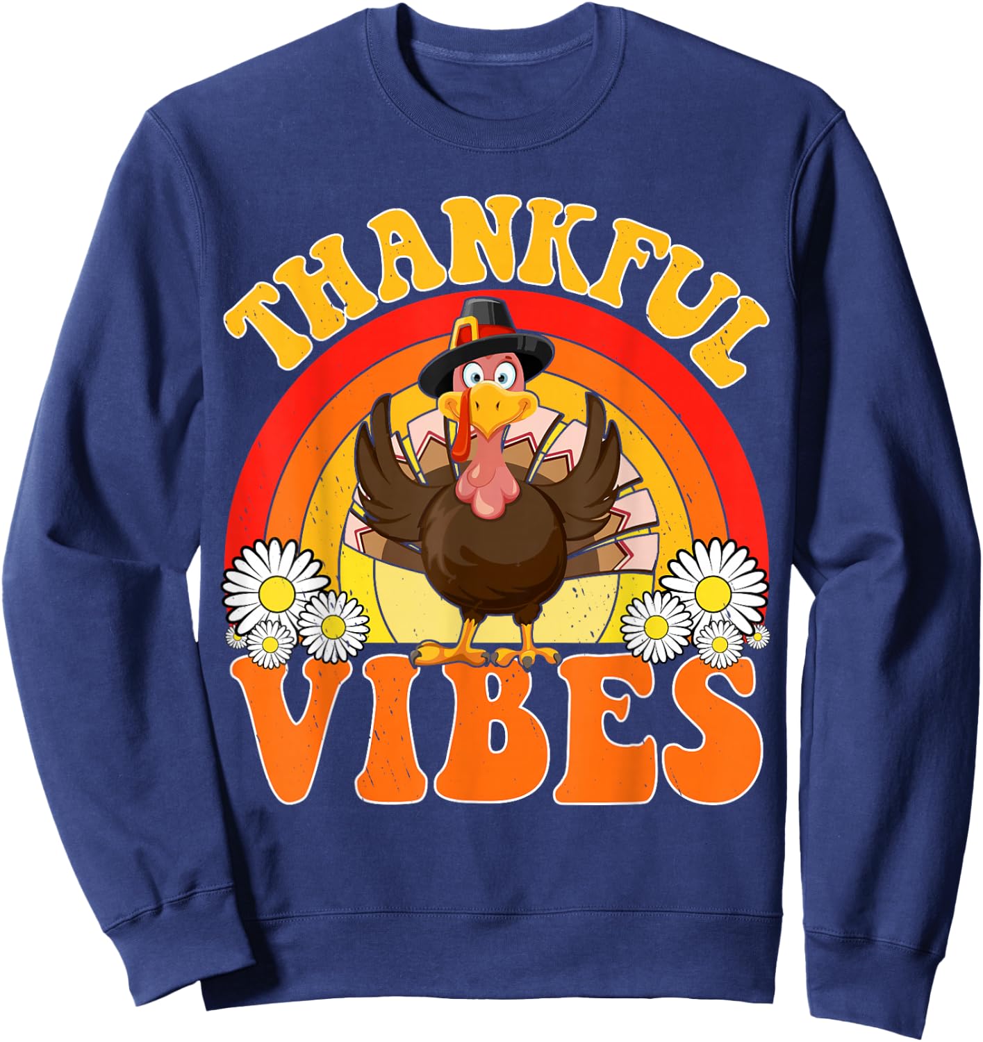 Thankful Vibes Turkey Rainbow Cute Fall Retro Thanksgiving Sweatshirt - Sweatshirt | Navy