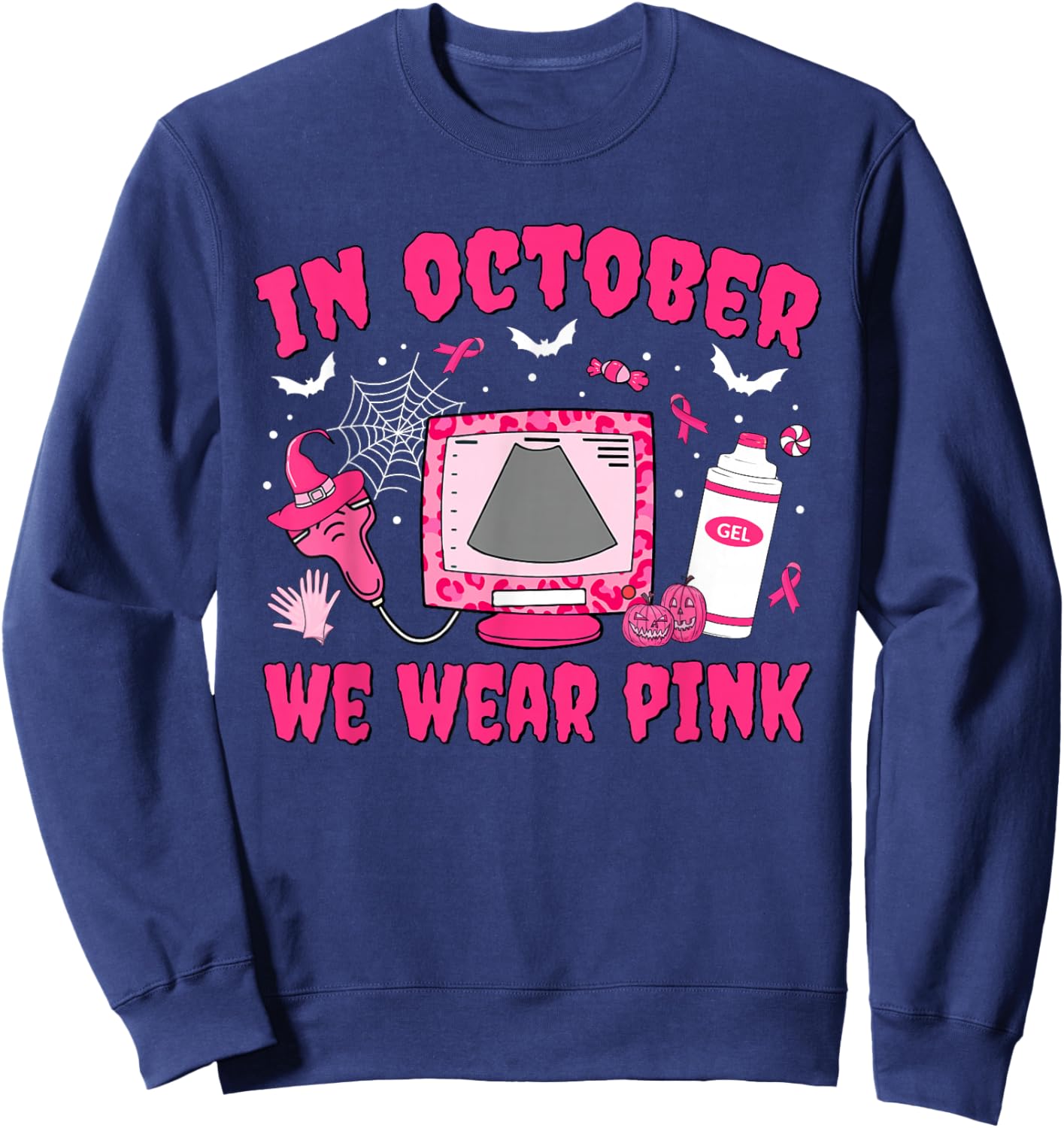 In October We Wear Pink Sonographer Leopard Breast Cancer Sweatshirt - Sweatshirt | Navy