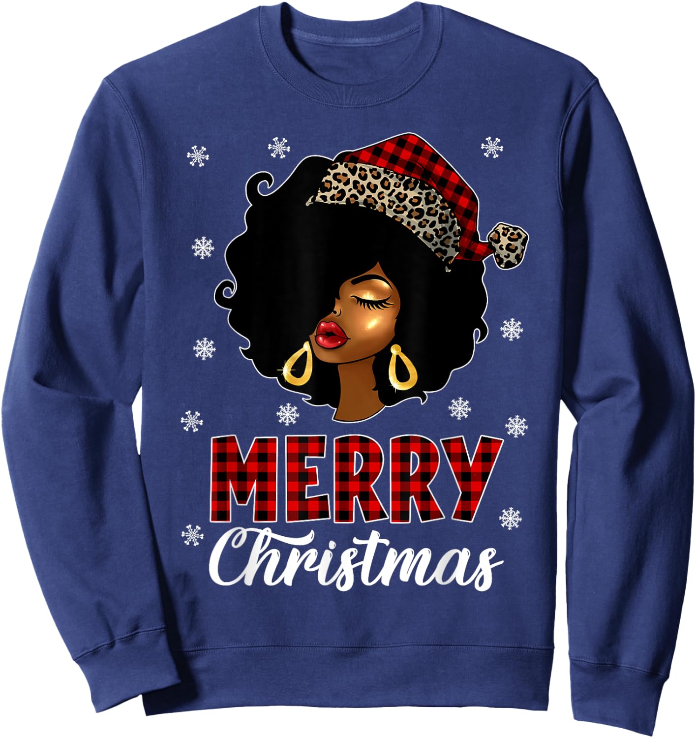 African American Afro Woman Santa Hat Merry Christmas Sweatshirt - Sweatshirt | Navy