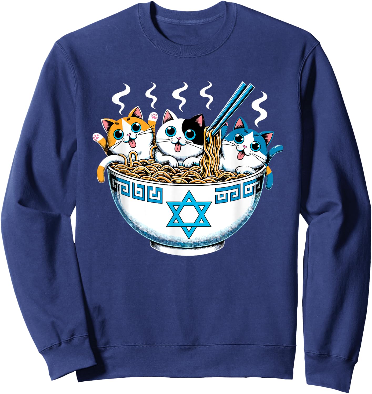 Jewish Cats Ramen Kitten Anime Hanukkah Pajamas Chanukah PJs Sweatshirt - Sweatshirt | Navy