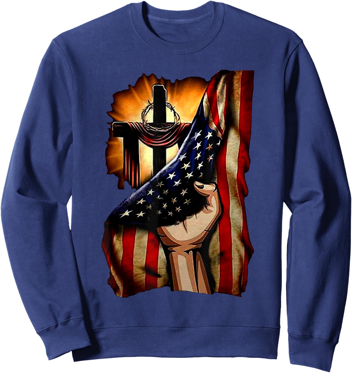 Cross Christ American Flag Pride Hand Christian Lover Gift Men Sweatshirt - Sweatshirt | Navy