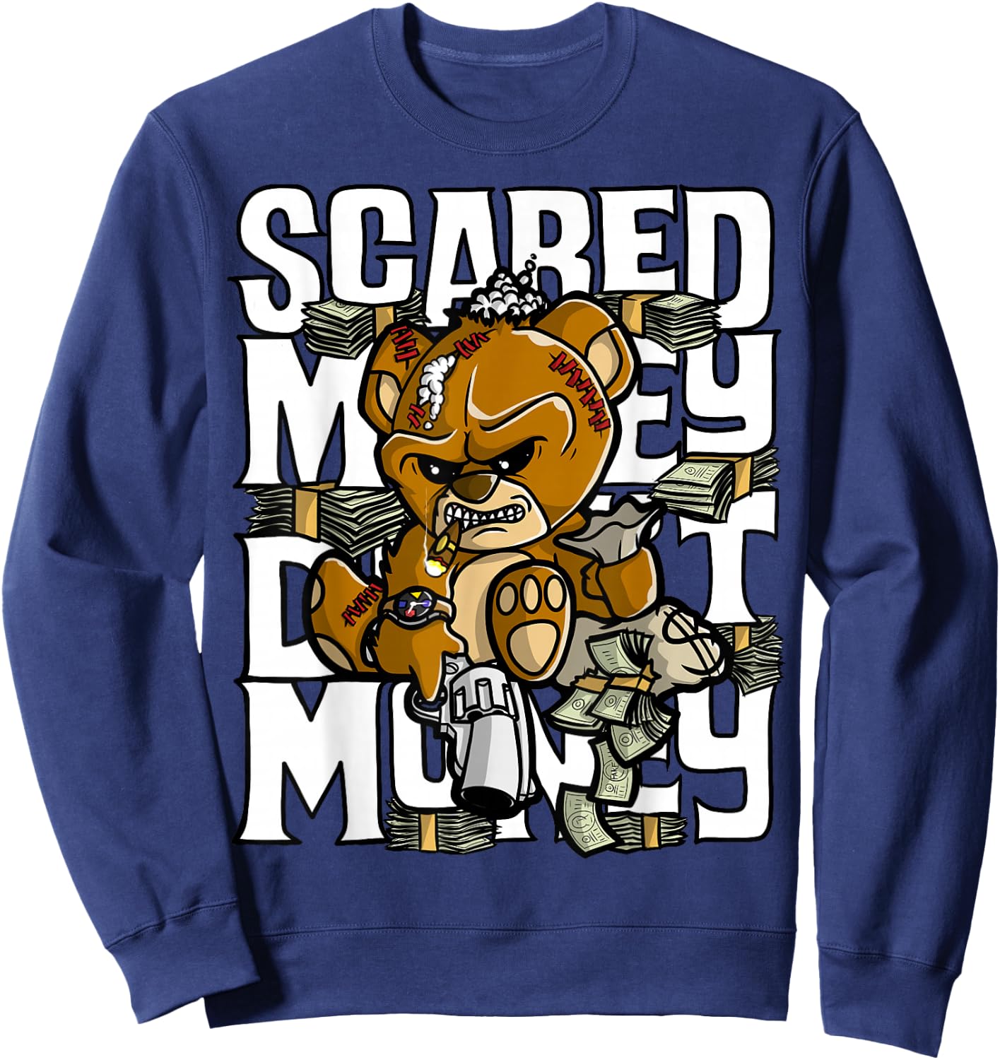 Hustle Graphic Scared Money Dont Make Money Gang Clothing Sweatshirt - Sweatshirt | Navy