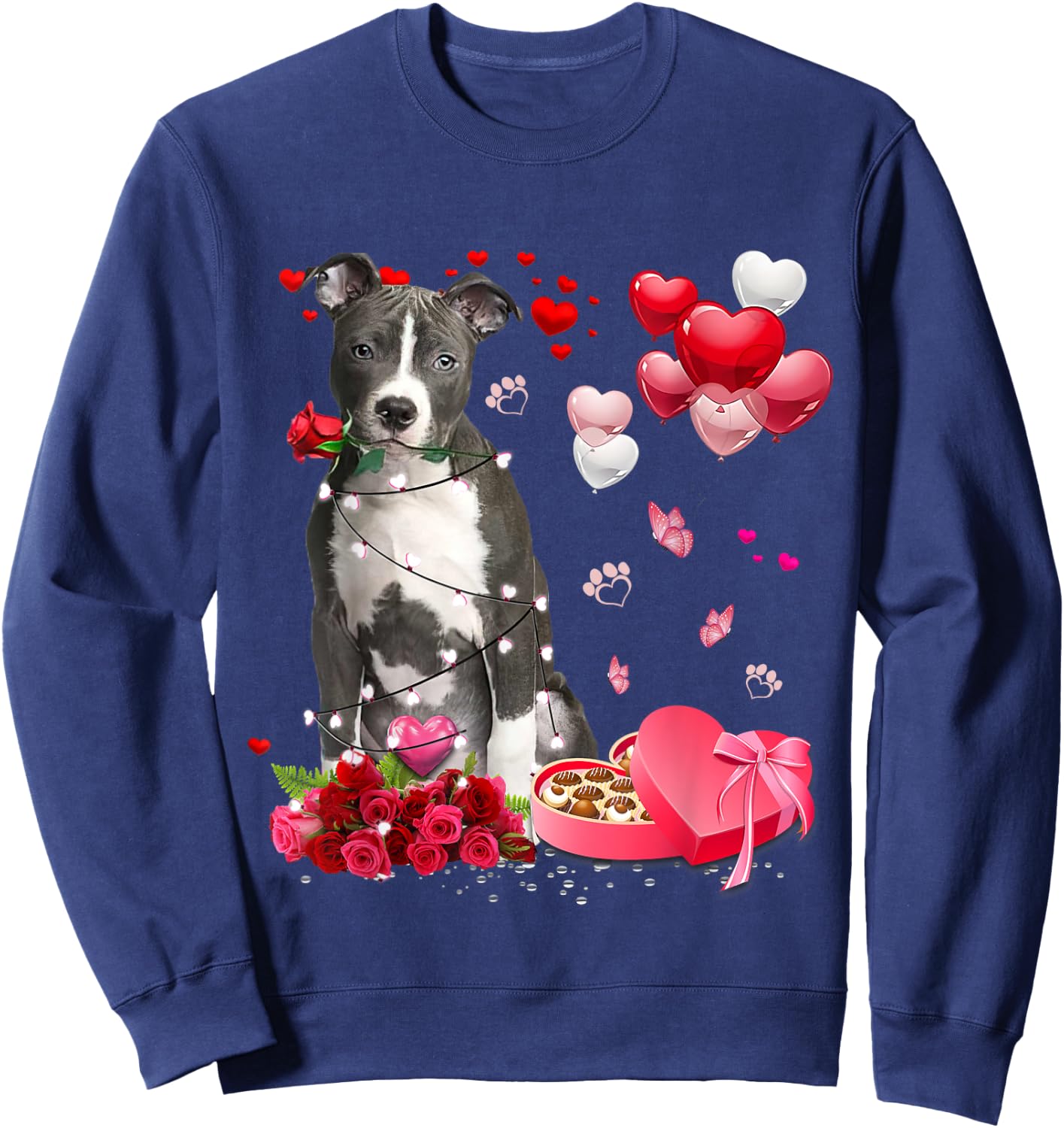 Funny Pitbull Rose Heart Happy Valentine Day Dog Mom Men Women Kids Sweatshirt - Sweatshirt | Navy