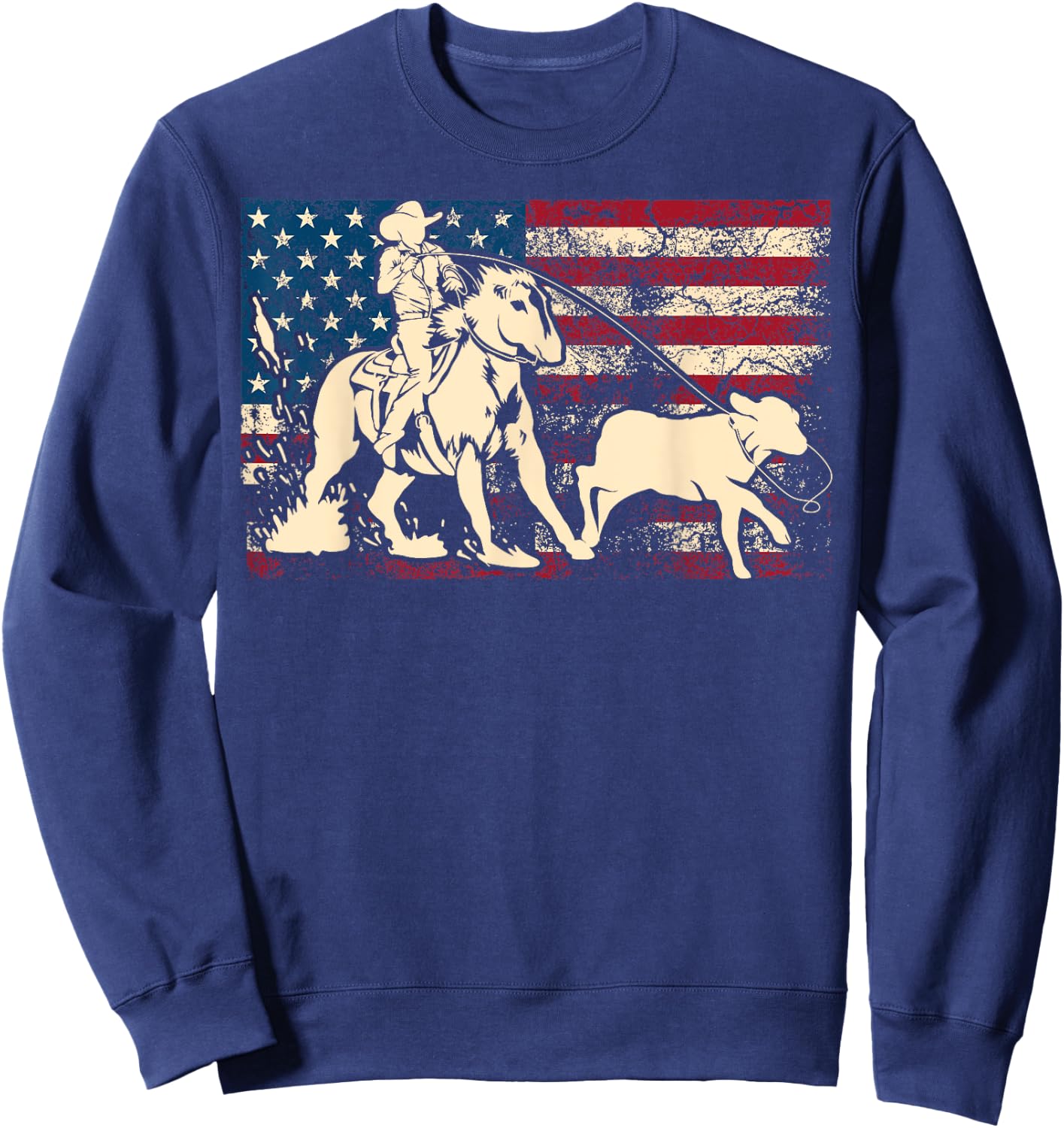 Funny Team Roping Rodeo Gift US Flag Cool Cowboy Men Women Sweatshirt - Sweatshirt | Navy