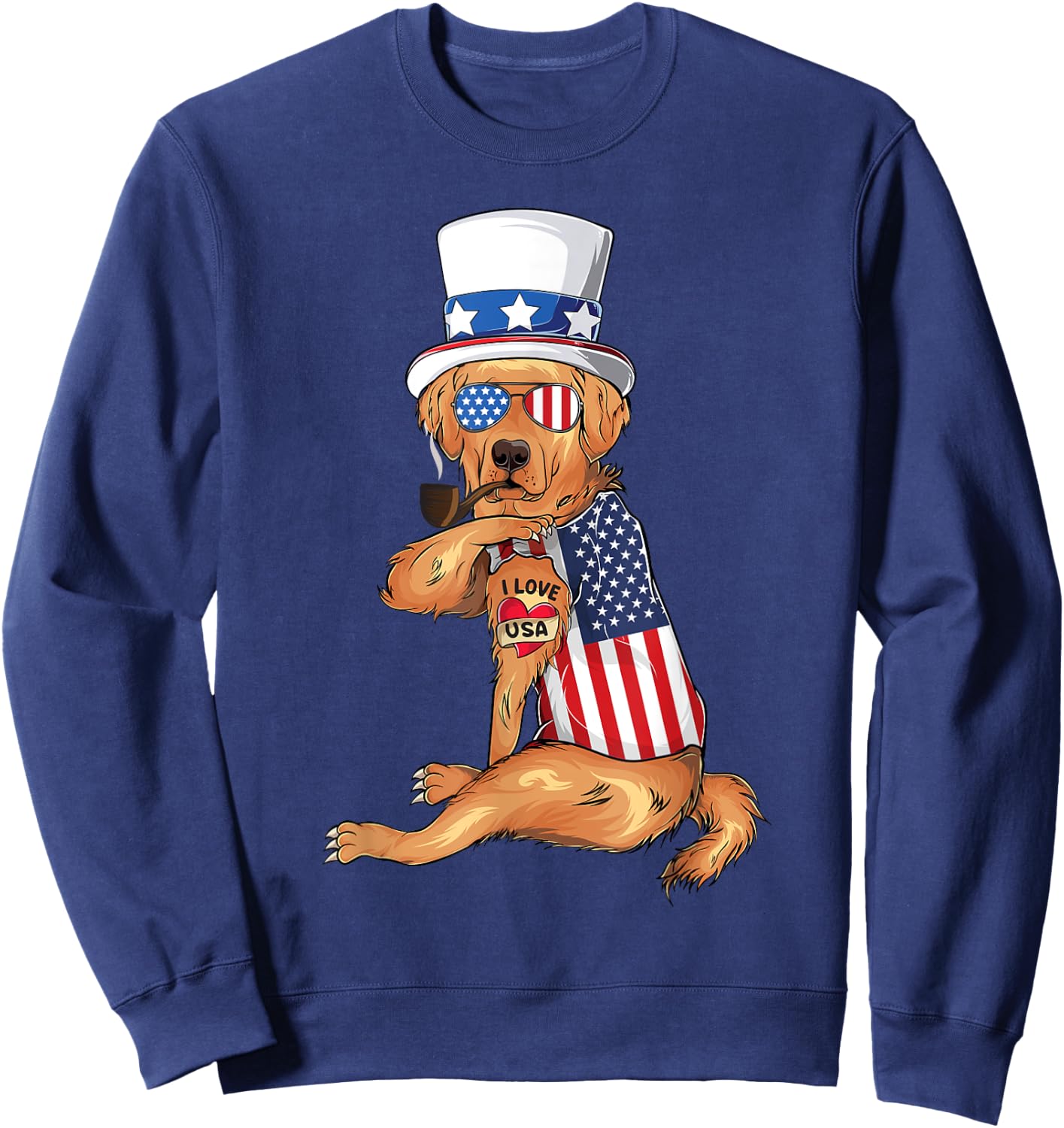 golden retriever dog Merica 4th of july usa american flag Sweatshirt - Sweatshirt | Navy
