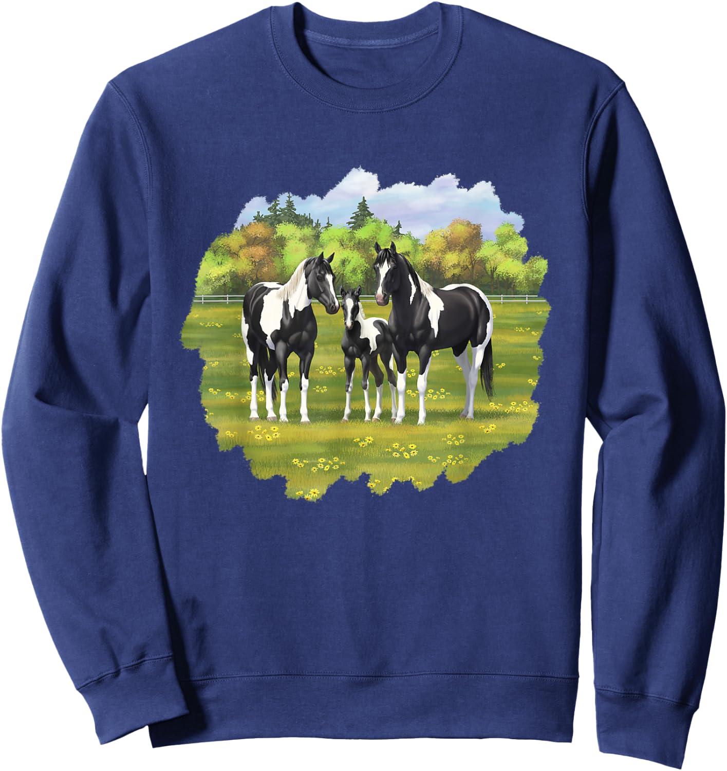 Beautiful Black Pinto Paint Horses In Summer Pasture Men Women Kids Sweatshirt - Sweatshirt | Navy