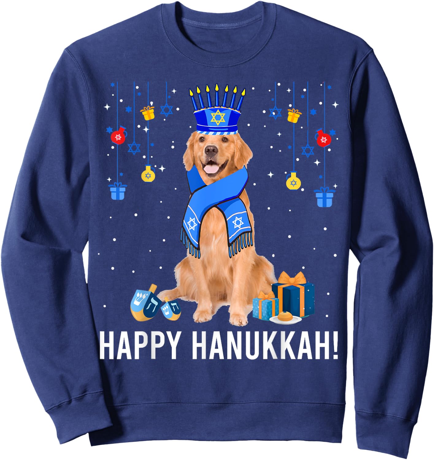 Golden Retriever Menorah Hat Christmas Happy Hanukkah Jewish Sweatshirt - Sweatshirt | Navy