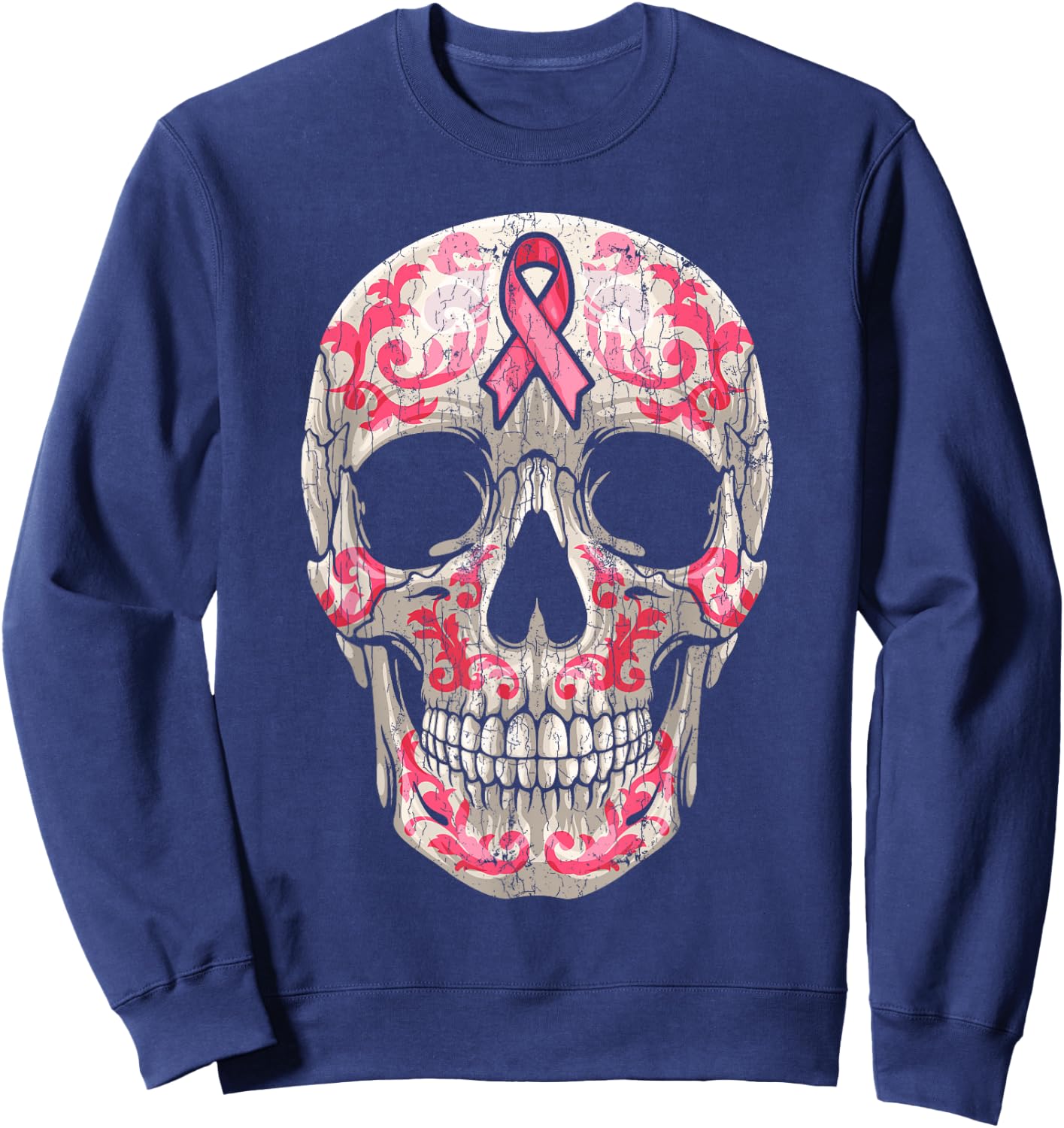 Breast Cancer Awareness Graphic Ribbon Sugar Skull Calavera Sweatshirt - Sweatshirt | Navy