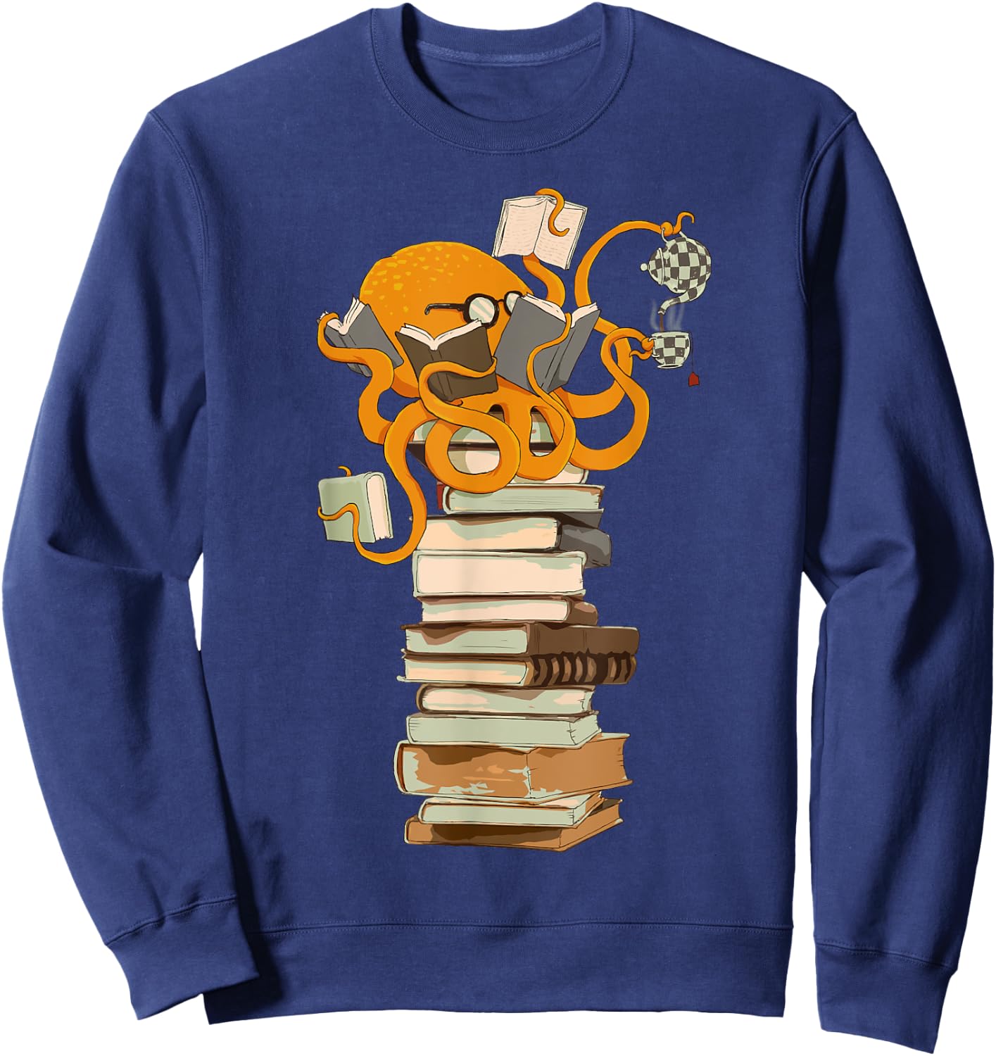 Reading Octopus, Tea, Coffee and Books Gift Sweatshirt - Sweatshirt | Navy