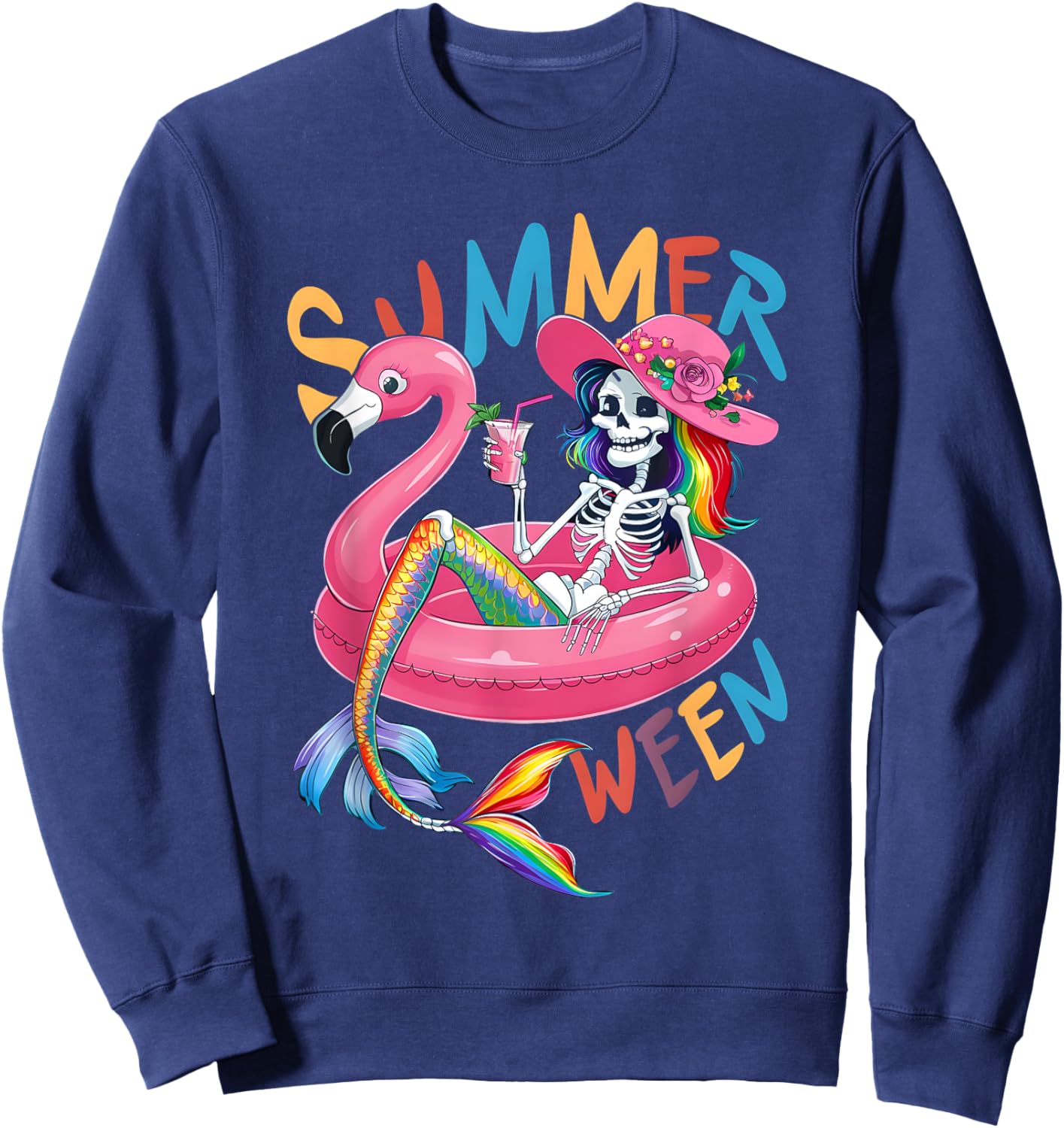 Summerween Mermaid Skeleton Flamingo Summer Halloween Women Sweatshirt - Sweatshirt | Navy