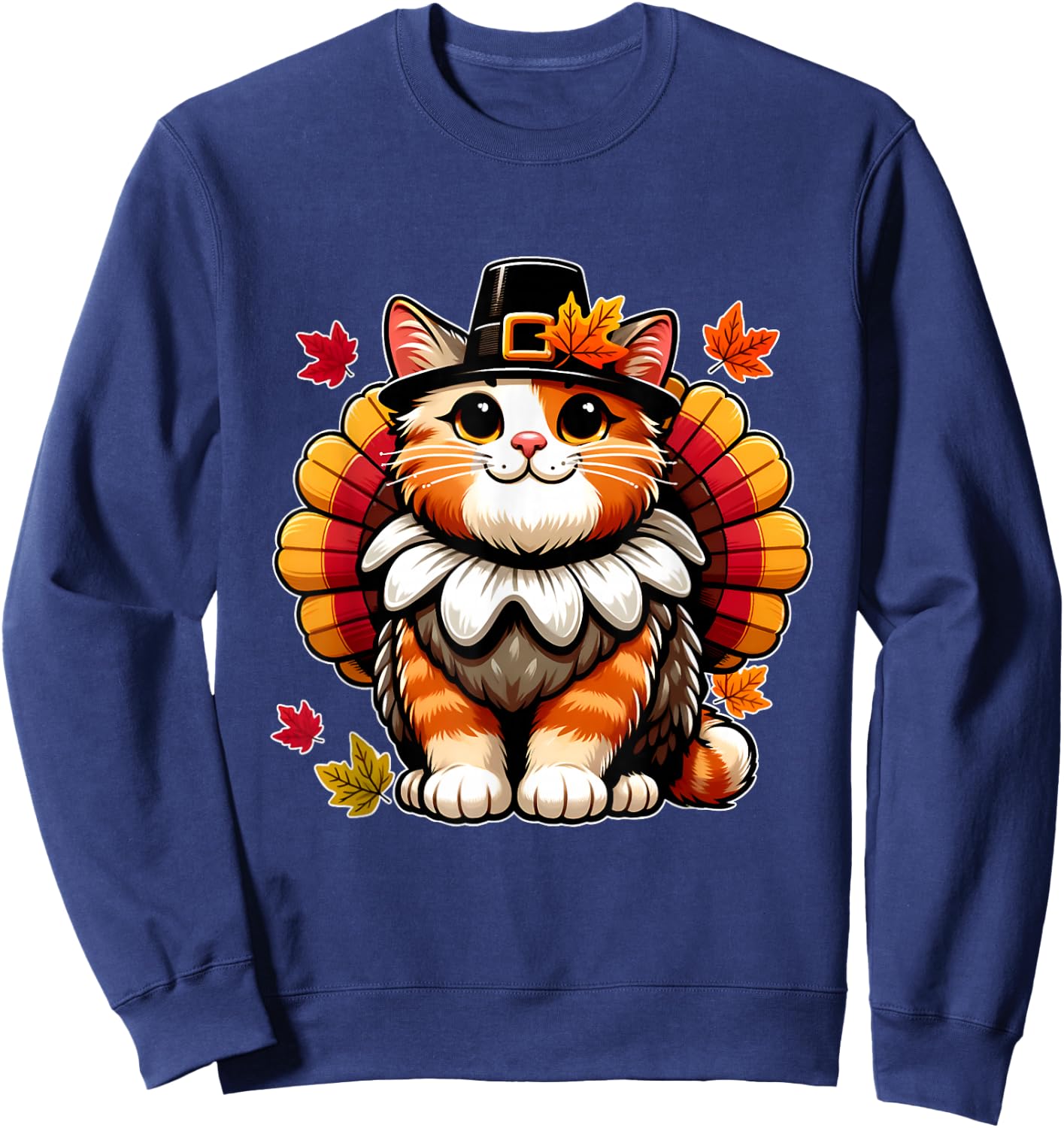 Funny Thanksgiving Shirts by Merch4life Pilgrim Cat in Turkey Disguise Thanksgiving Sweatshirt - Sweatshirt | Navy
