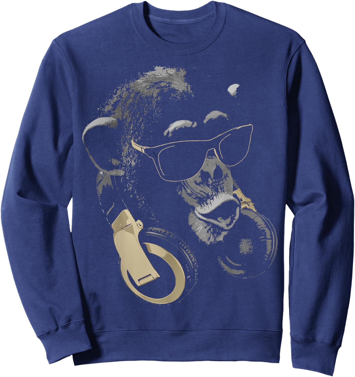 Funny Cute Happy and Cool Animal Design Love Store Monkey Chimpanzee with Sunglasses and Headphones - Adults - Black - Small Sweatshirt - Sweatshirt | Navy