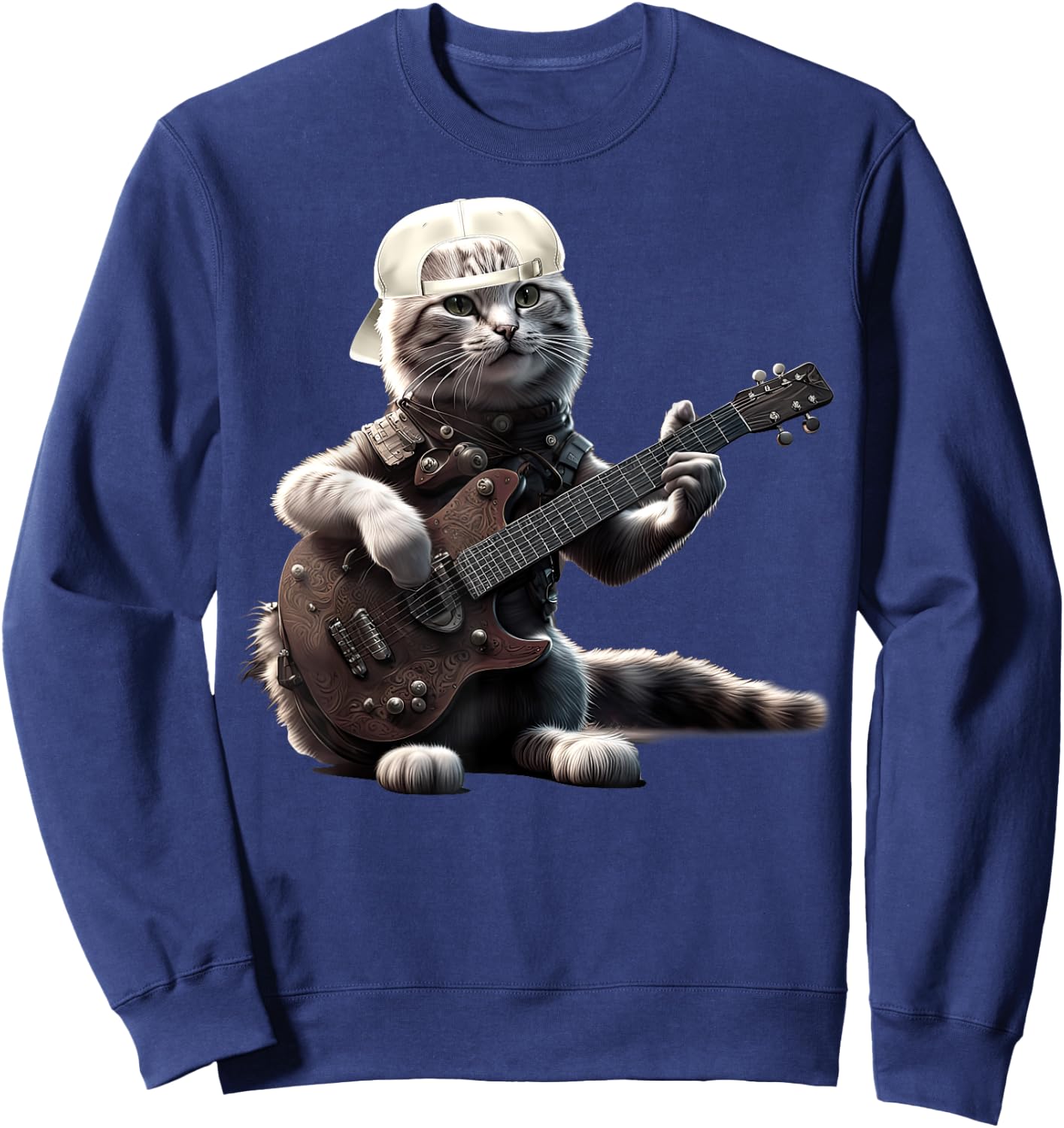 Cat Playing Guitar Funny Rock Music Gifts Women Kid Sweatshirt - Sweatshirt | Navy