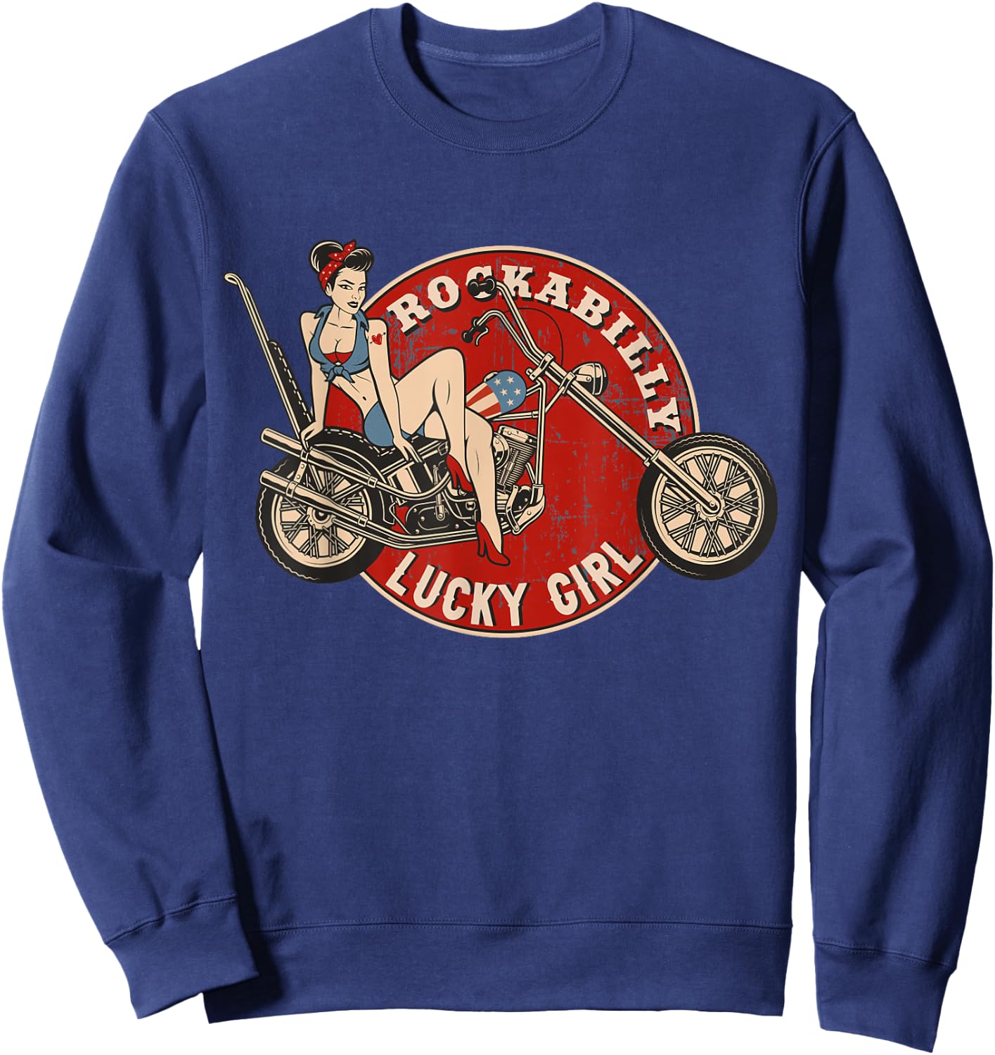 Motorcycle Pinup Girl Old School Rockabilly Lucky Girl Sweatshirt - Sweatshirt | Navy