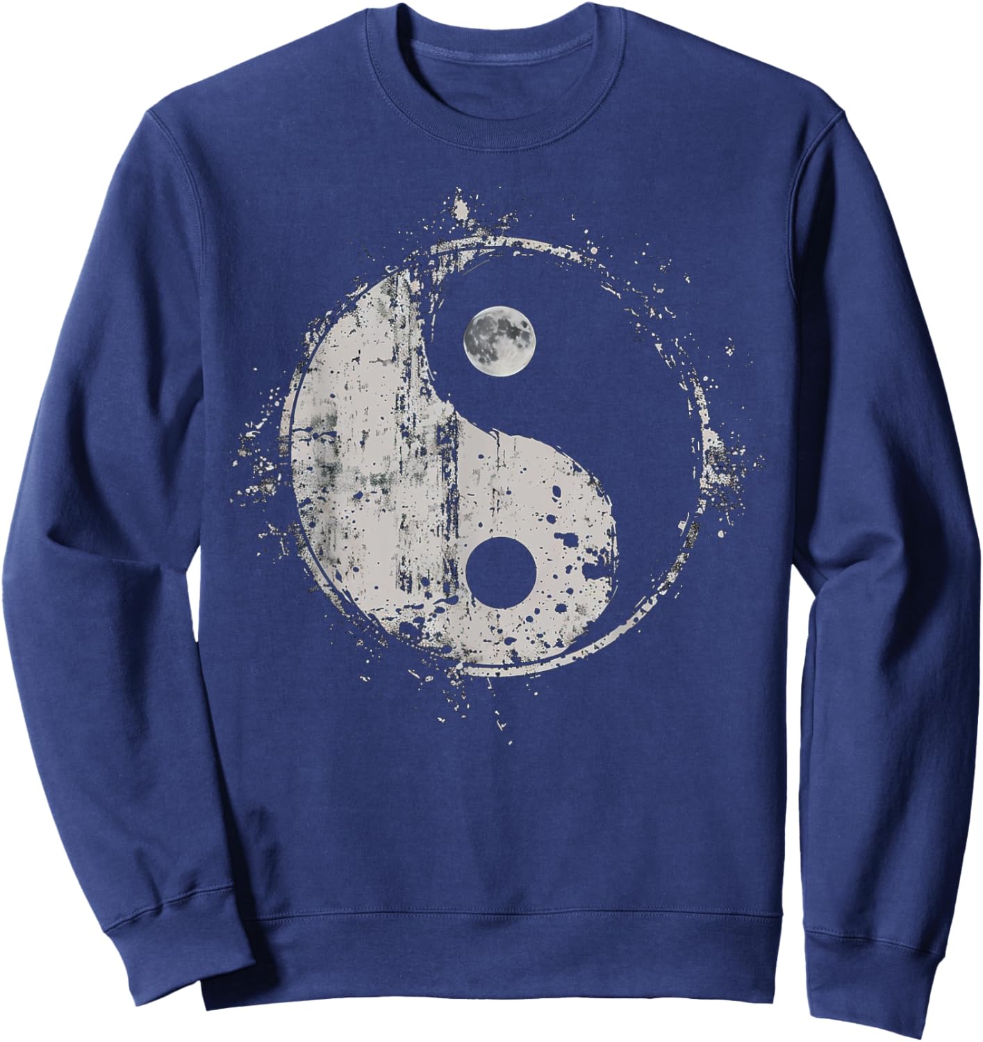 Distressed Yin Yang Moon Balance Spiritual Design Sweatshirt - Sweatshirt | Navy