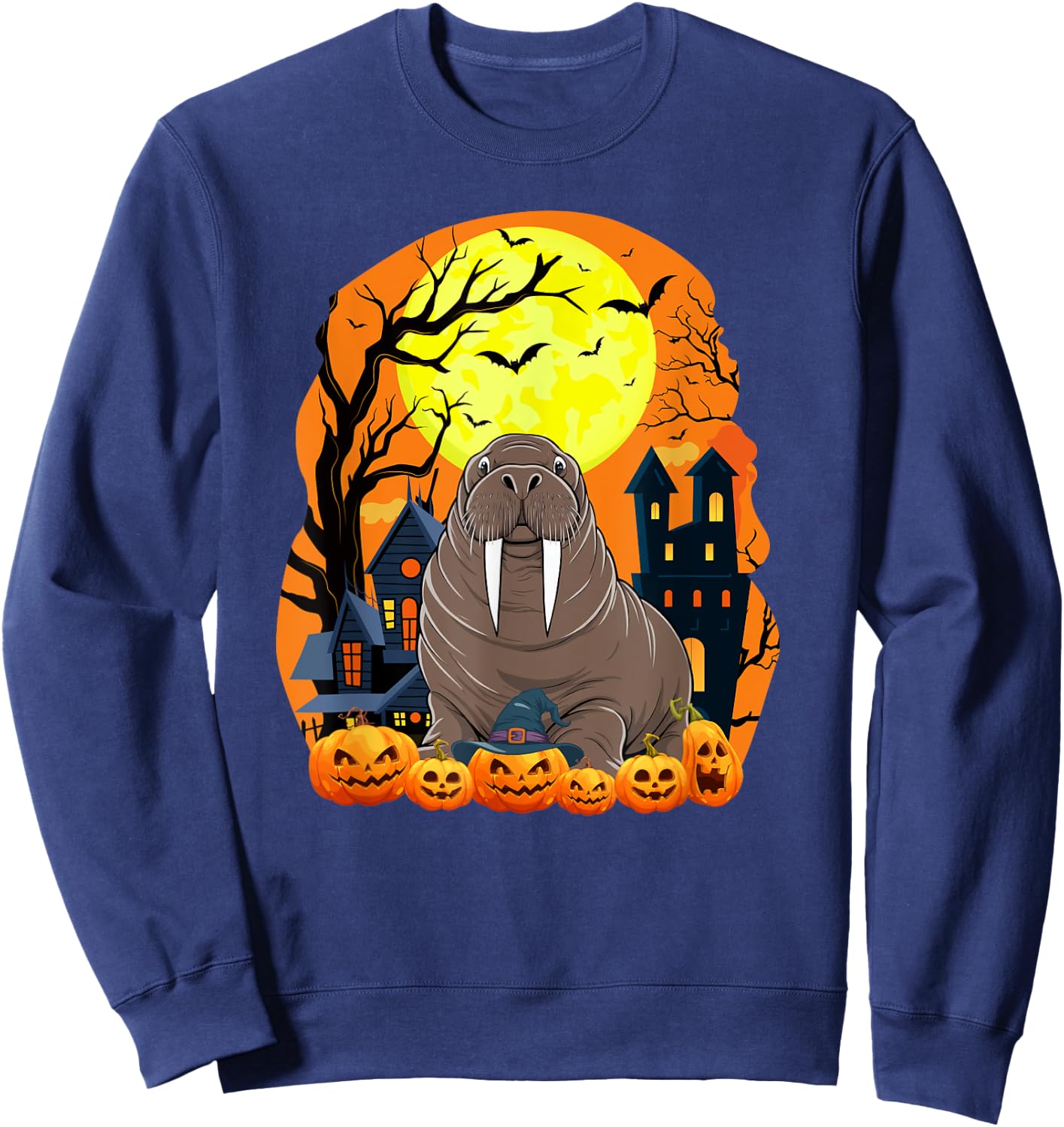 Walrus With Pumpkins Funny Scary Halloween Party Sweatshirt - Sweatshirt | Navy