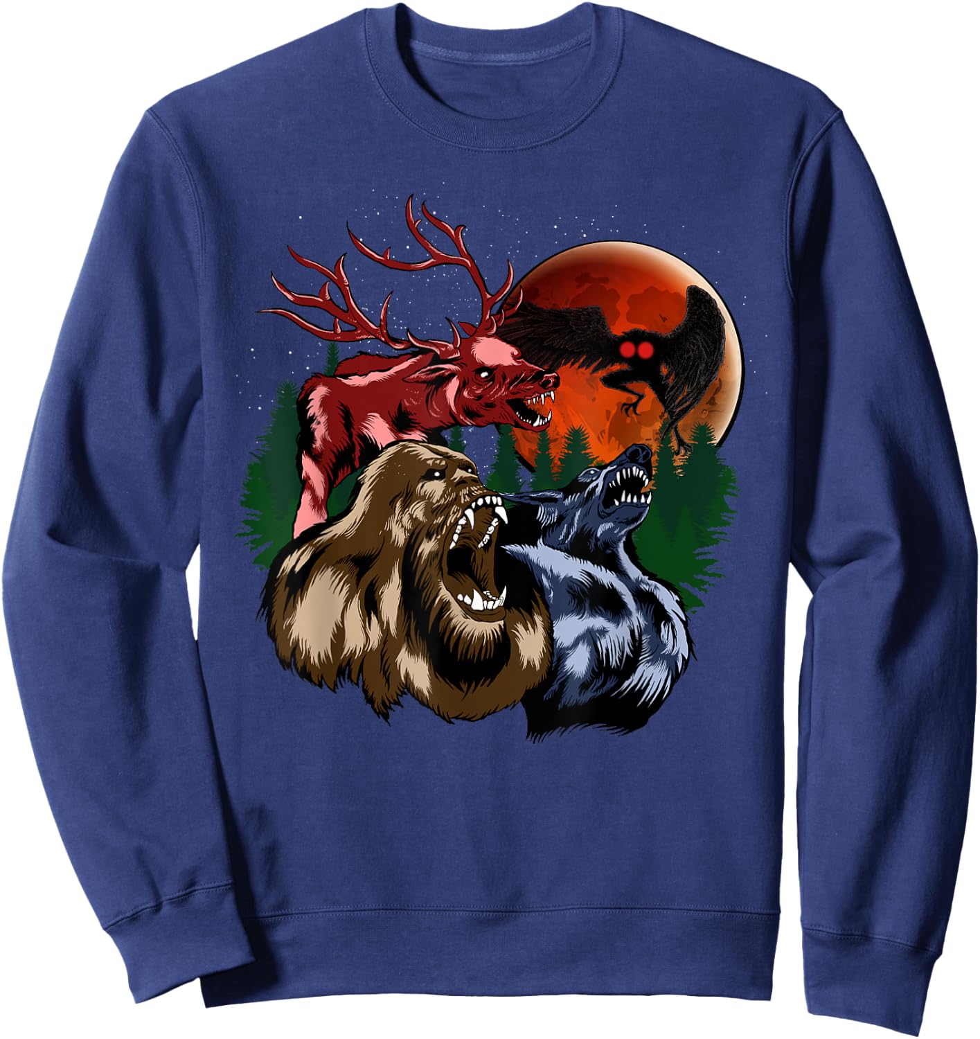 Three Cryptid Moon - Sasquatch, Dogman, Wendigo, Mothman Sweatshirt - Sweatshirt | Navy