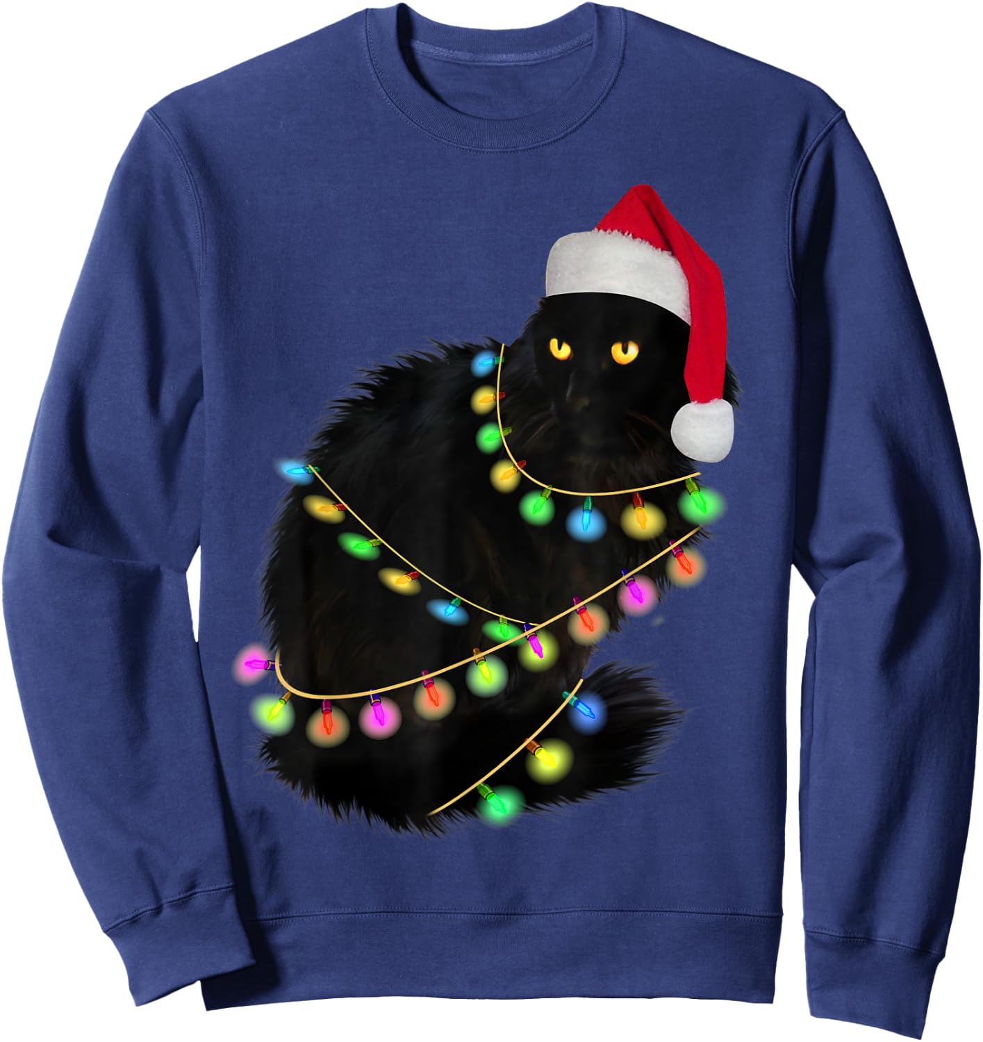 Black Cat Santa Hat Light Tree Funny Ugly Christmas Sweater Sweatshirt - Sweatshirt | Navy