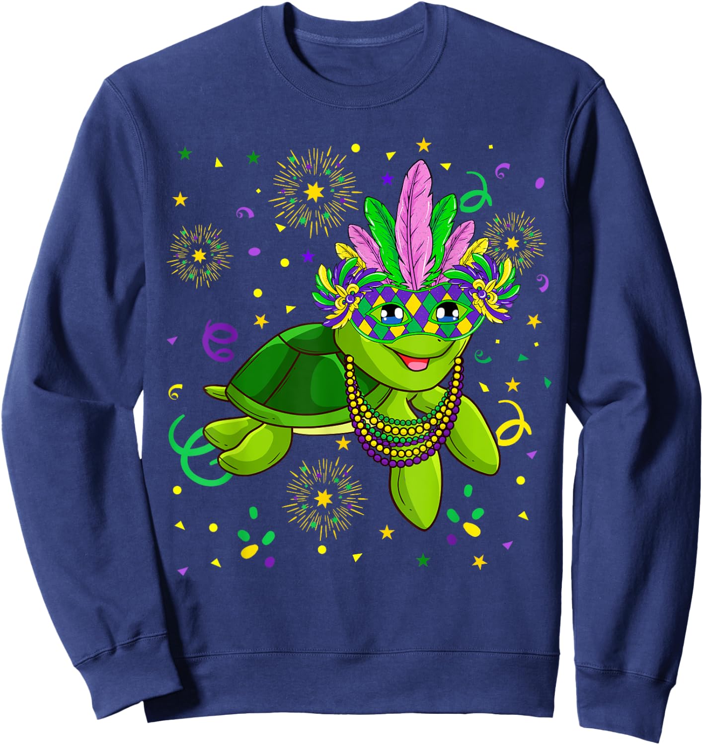 Mardi Gras 2021 Cute Turtle With Feather Mask Parade Fans Sweatshirt - Sweatshirt | Navy