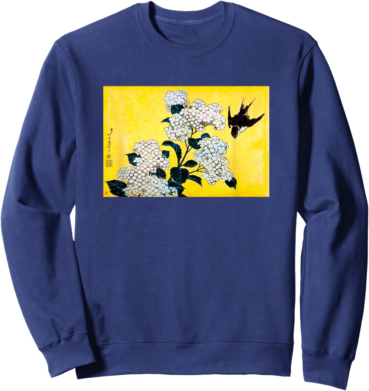 The Art of Print by MCMA - Digitally Enhanced Art Japanese Art Bird and Cherry Blossoms Graphic Design -Adults Black Small Sweatshirt - Sweatshirt | Navy