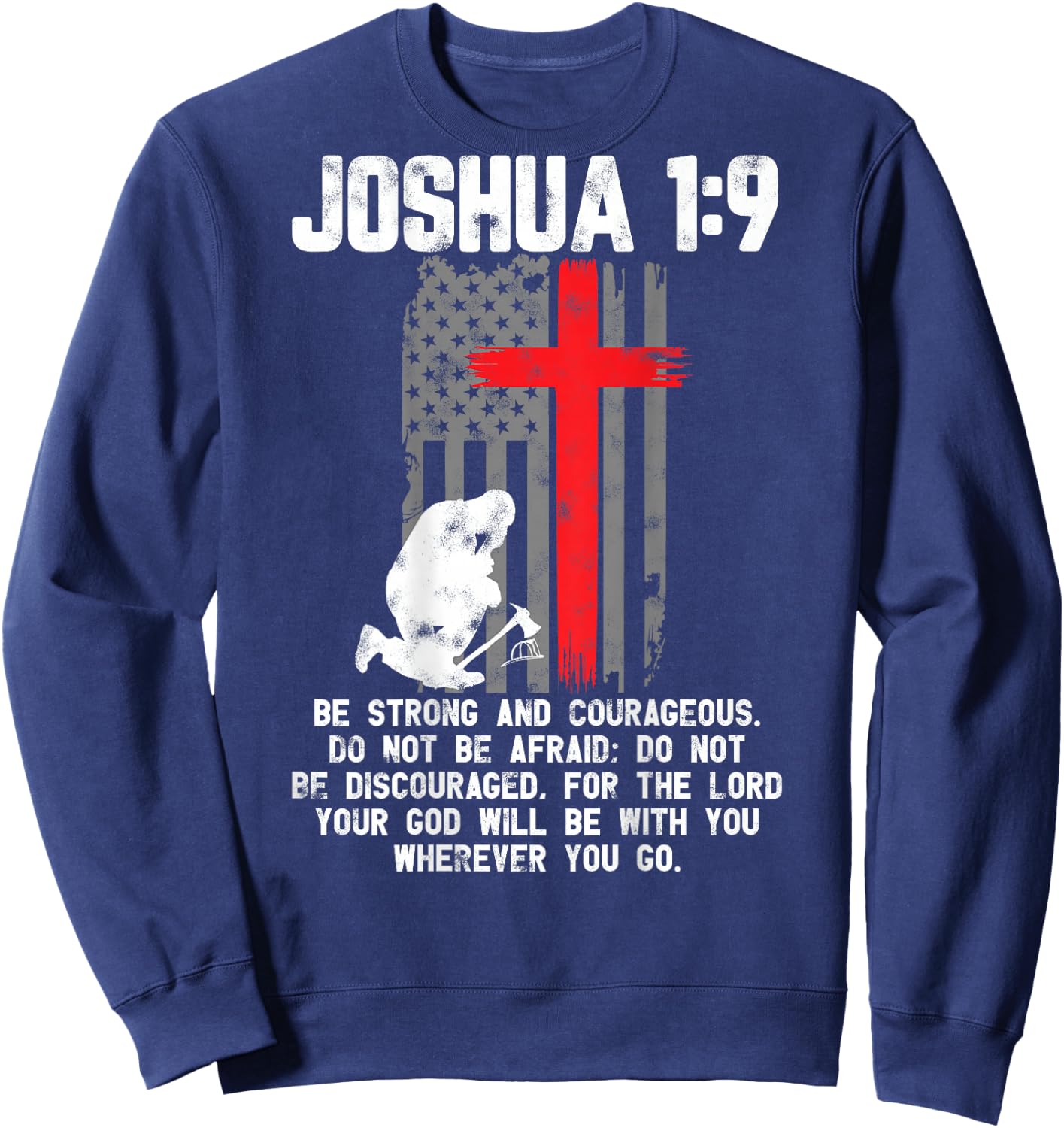 Thin Red Line Firefighter Cross Bible Verse Christian Sweatshirt - Sweatshirt | Navy