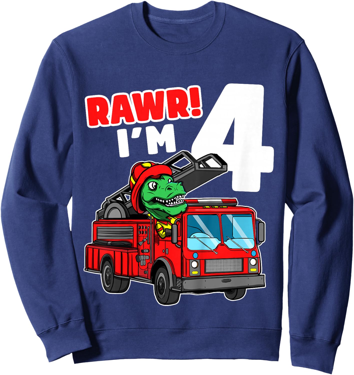 Kids Dinosaur Fire Truck 4th Birthday Boy T-Rex Firefighter 4 Sweatshirt - Sweatshirt | Navy