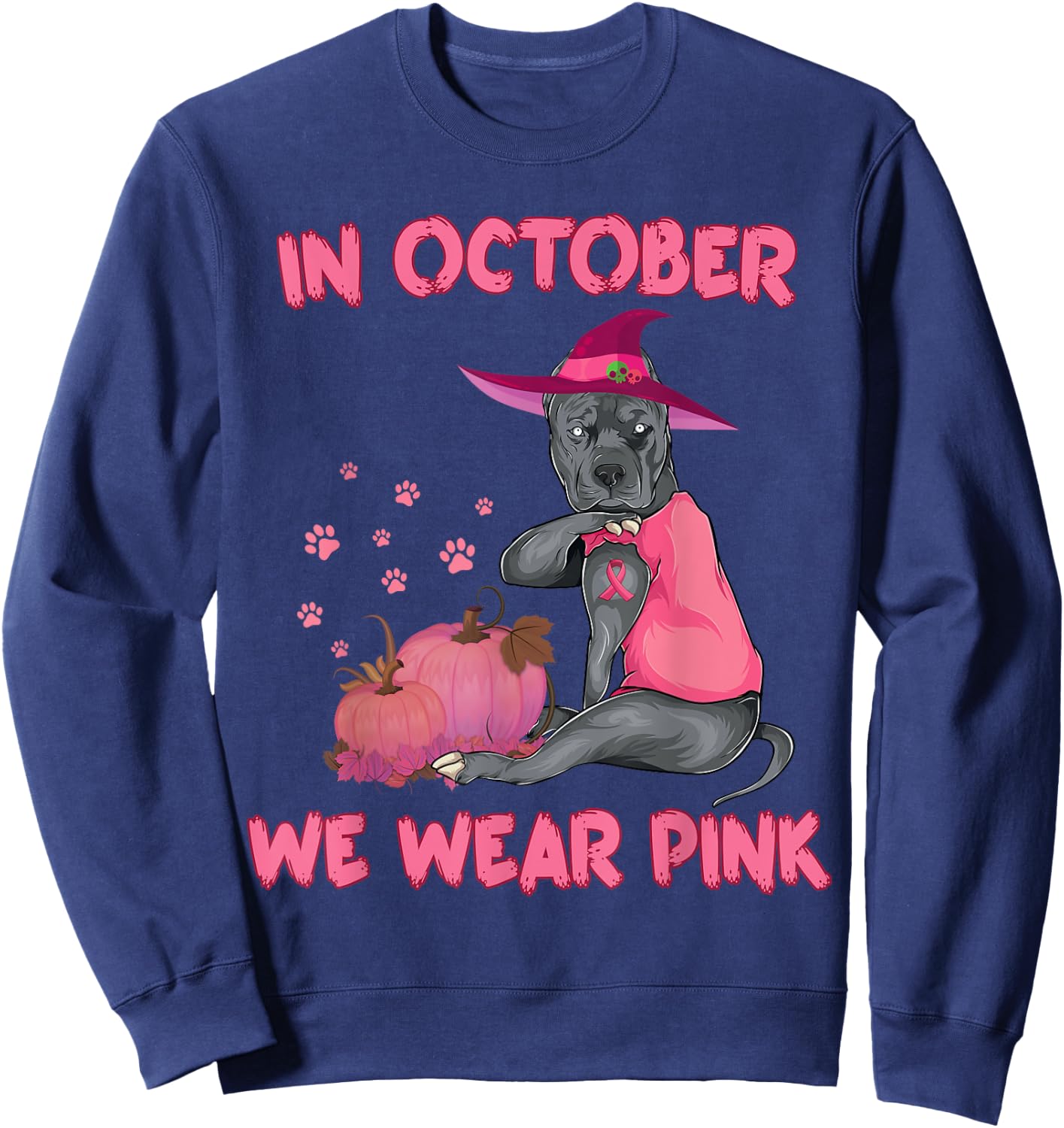 In October We Wear Pink Pitbull Dog Breast Cancer Halloween Men Women Girls Kids Sweatshirt - Sweatshirt | Navy