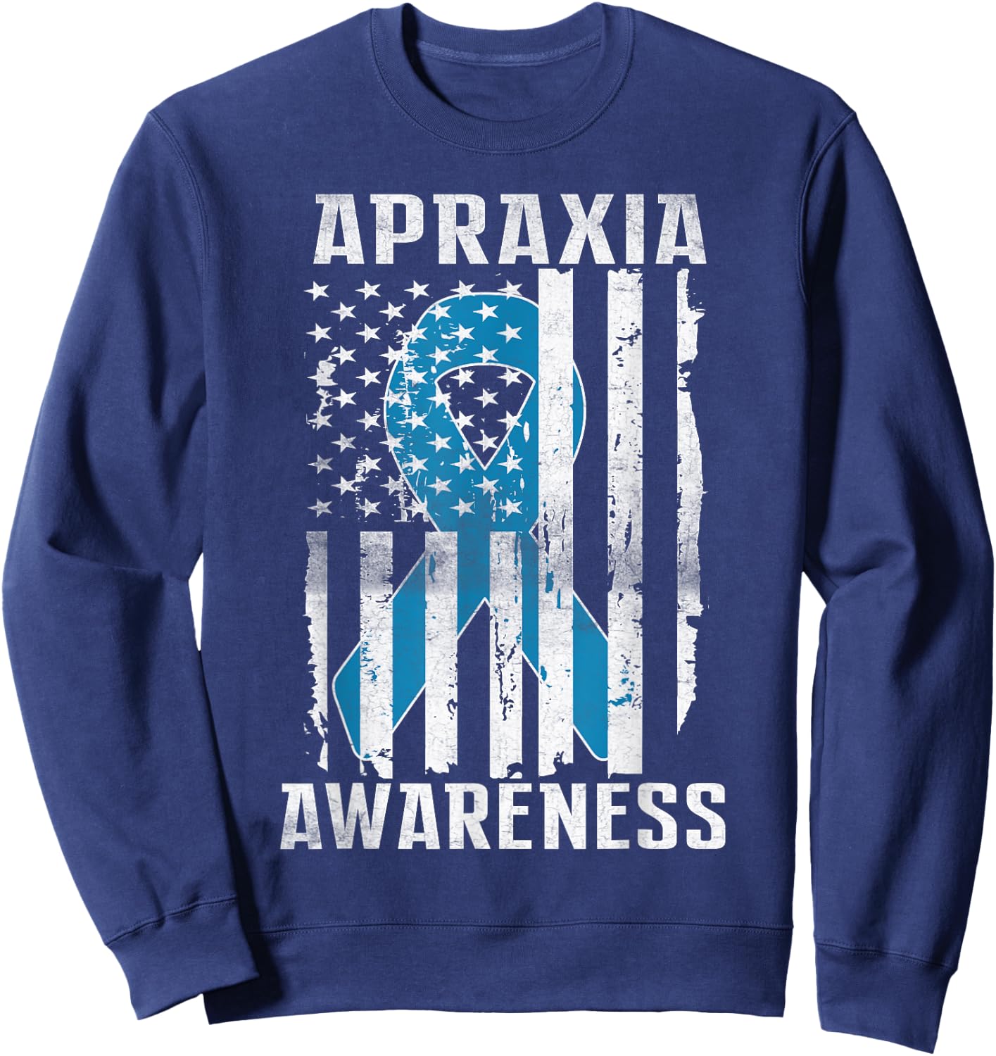 Apraxia Awareness Month Day USA Flag Ribbon Blue Sweatshirt - Sweatshirt | Navy