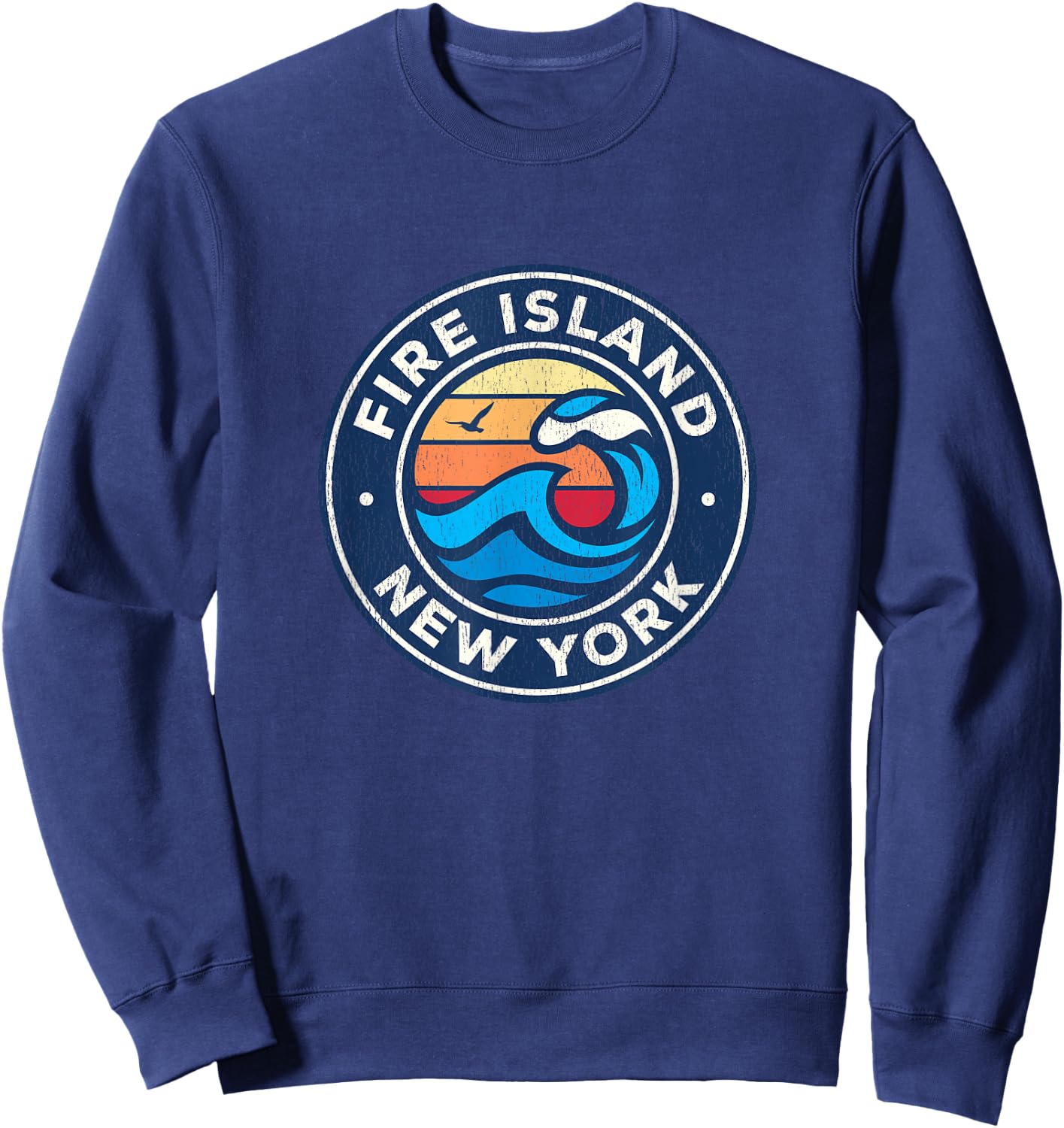 Fire Island New York NY Vintage Nautical Waves Design Sweatshirt - Sweatshirt | Navy
