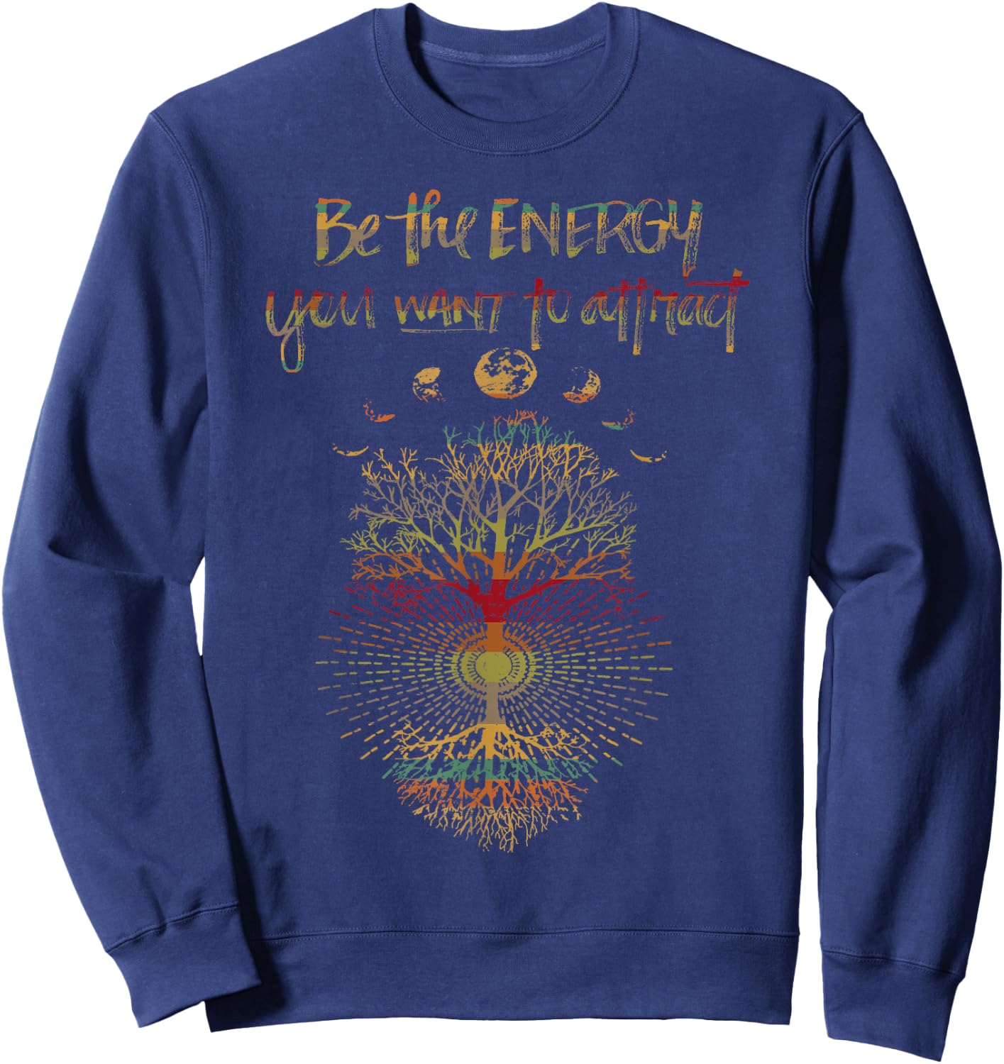 Phases of the Moon Retro Tree of Life 60's 70's Cool Vibe Sweatshirt - Sweatshirt | Navy