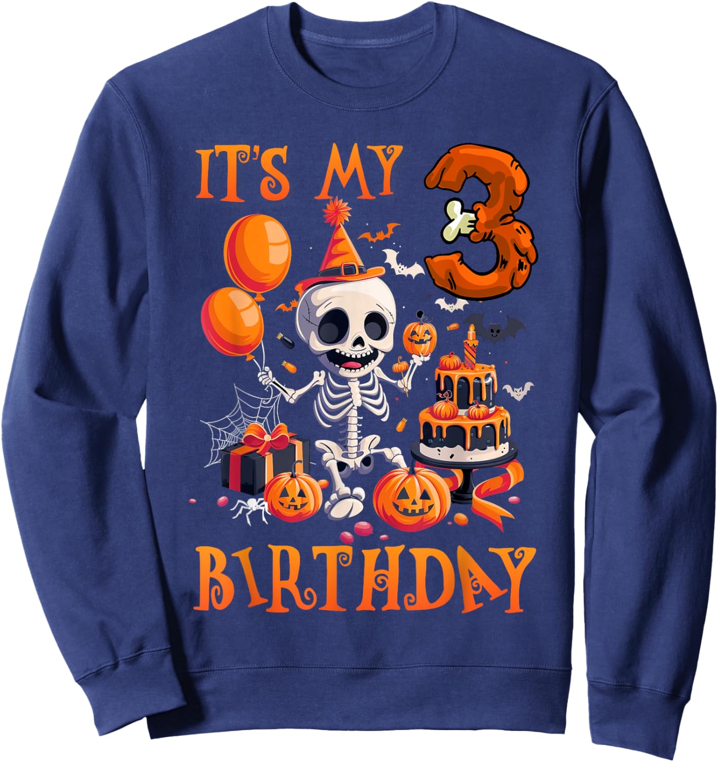 Kids Boo It's My 3rd Birthday Halloween Skeleton 3 Years Old Sweatshirt - Sweatshirt | Navy