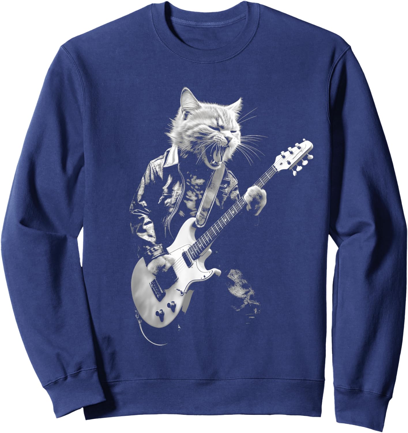 Rock Cat Playing Guitar Funny Guitar Cat Design Sweatshirt - Sweatshirt | Navy
