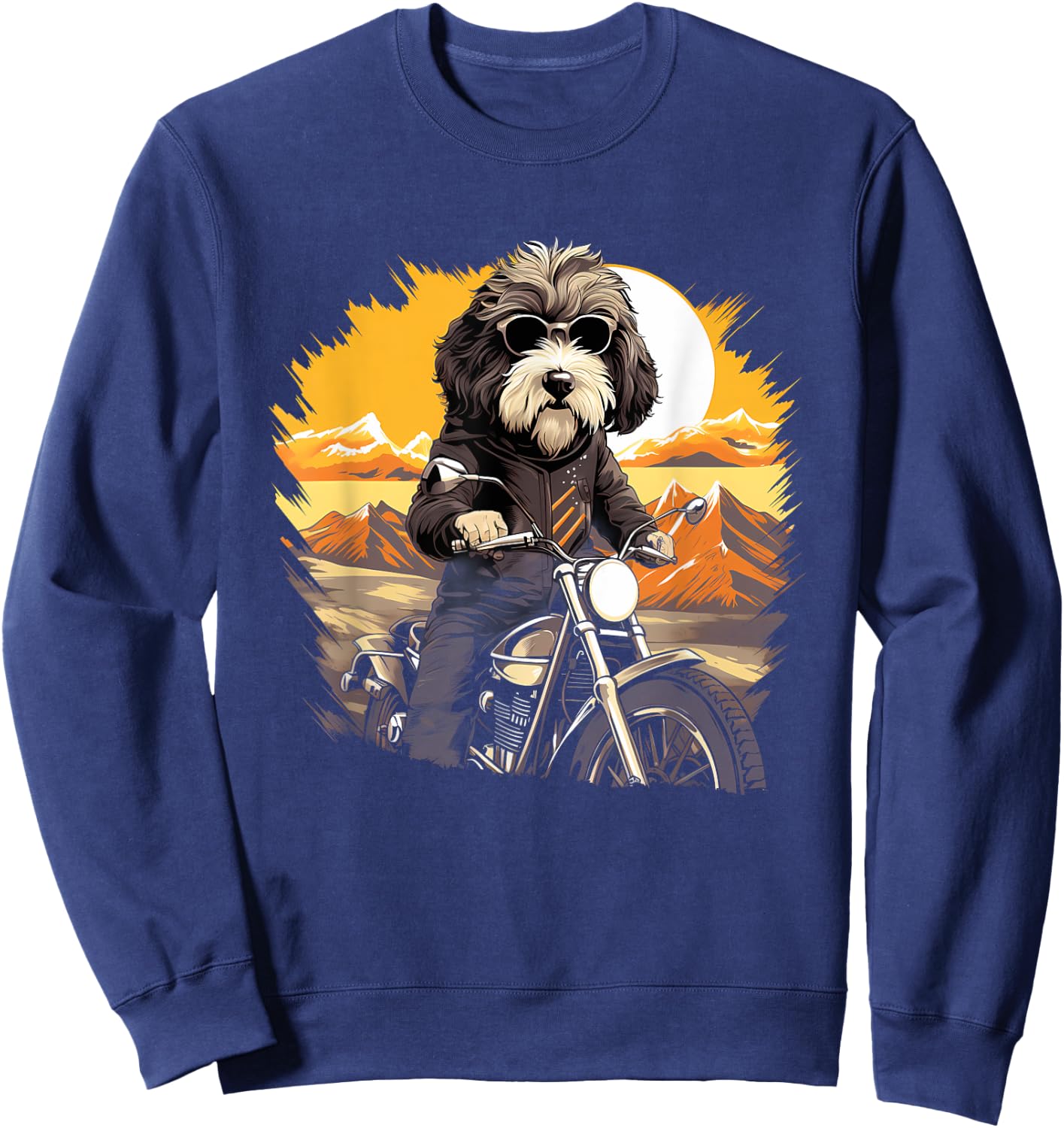 Biker Sheepadoodle Dog Riding Motorcycle Sweatshirt - Sweatshirt | Navy