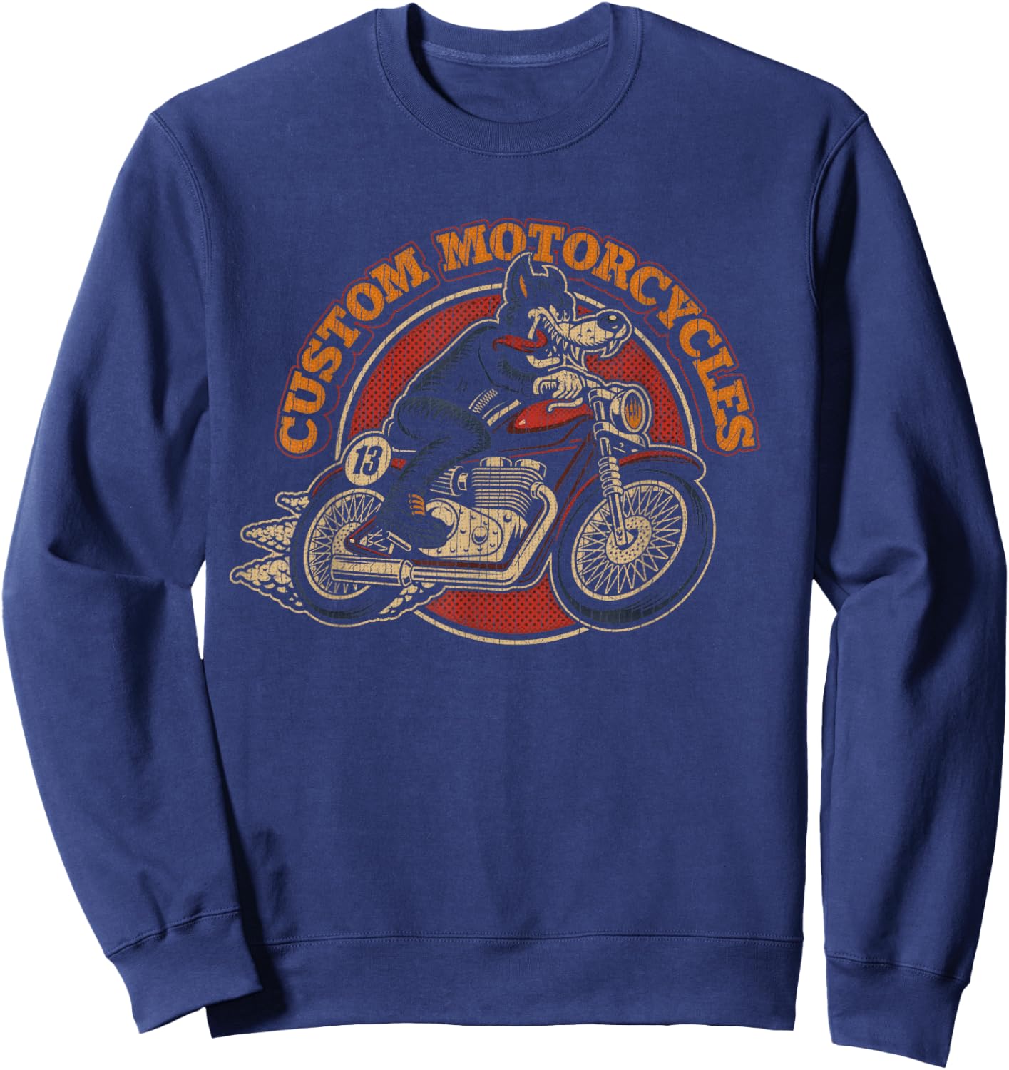 "Custom Motorcycles" Retro Biker Lowbrow Wolf Rockabilly 50s Sweatshirt - Sweatshirt | Navy