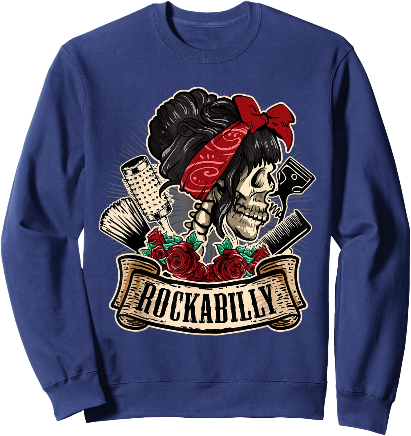 Rockabilly Girl Skull Pin-Up Hairstylist Hairdresser Sweatshirt - Sweatshirt | Navy