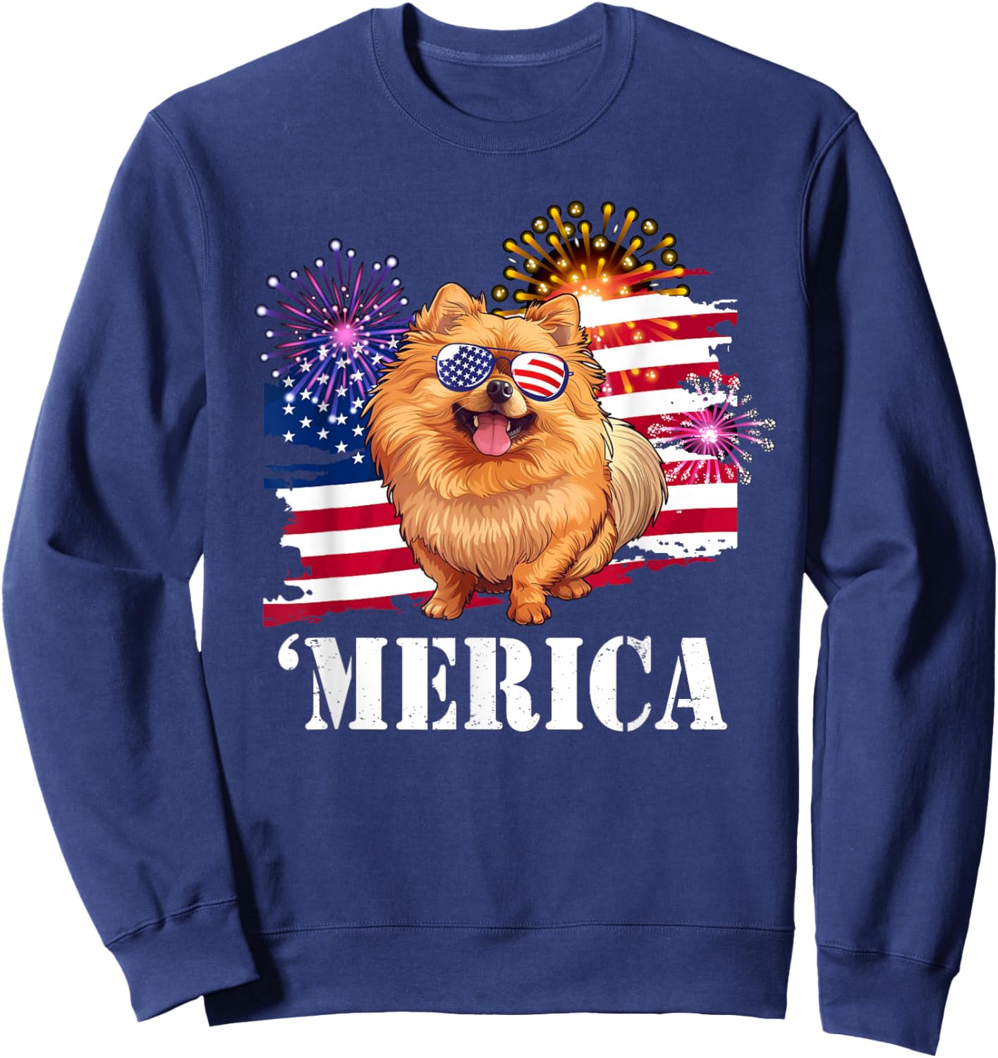 Patriotic America USA Flag Merica 4th July Pomeranian Lover Sweatshirt - Sweatshirt | Navy