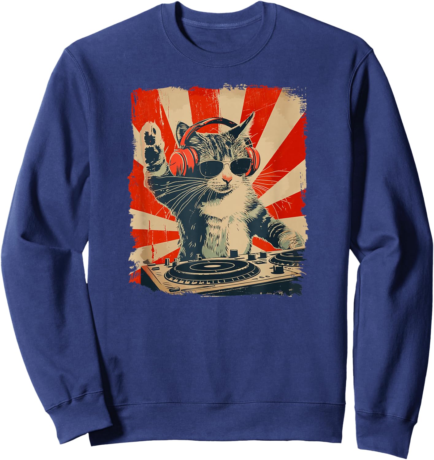 Funny DJ Cat Disco Sound Tech Headphone Music Sweatshirt - Sweatshirt | Navy