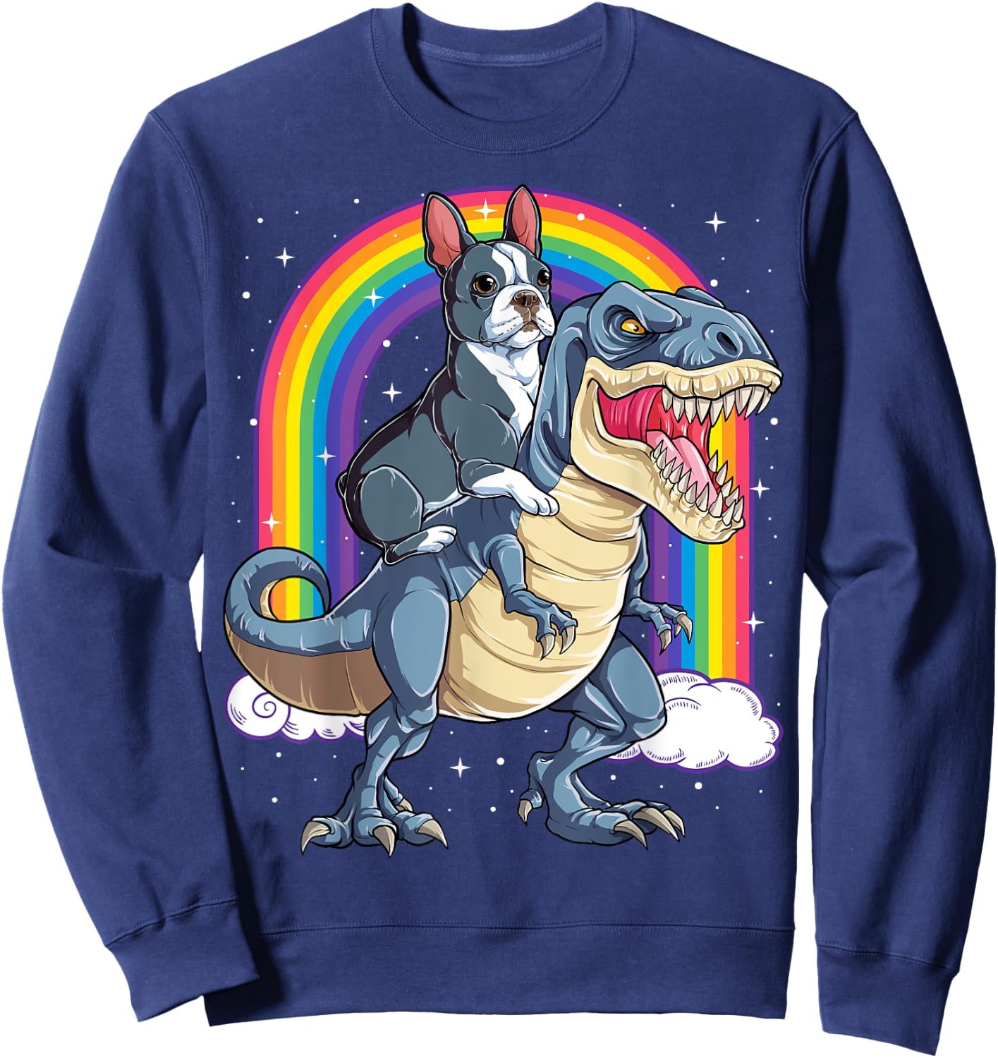 Boston Terrier Riding Dinosaur T-rex Gifts Boys Kids Rainbow Sweatshirt - Sweatshirt | Navy