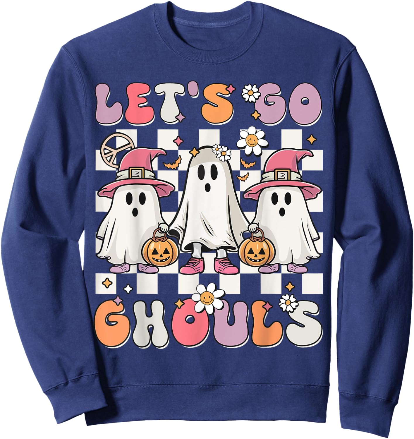 Women Girls Let's Go Ghouls Halloween Retro Ghost Costume Sweatshirt - Sweatshirt | Navy