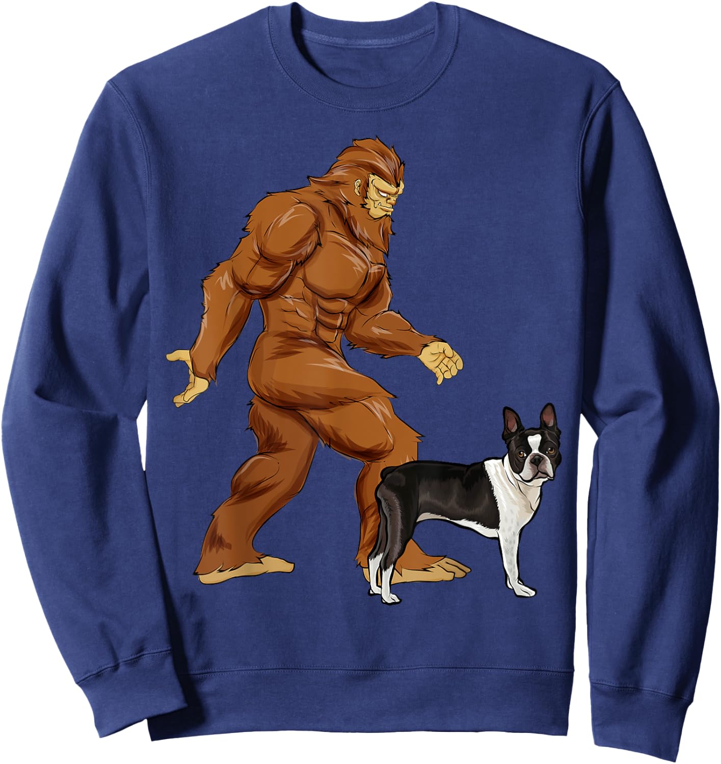Funny Bigfoot Walking Boston Terrier Sasquatch Dog Sweatshirt - Sweatshirt | Navy