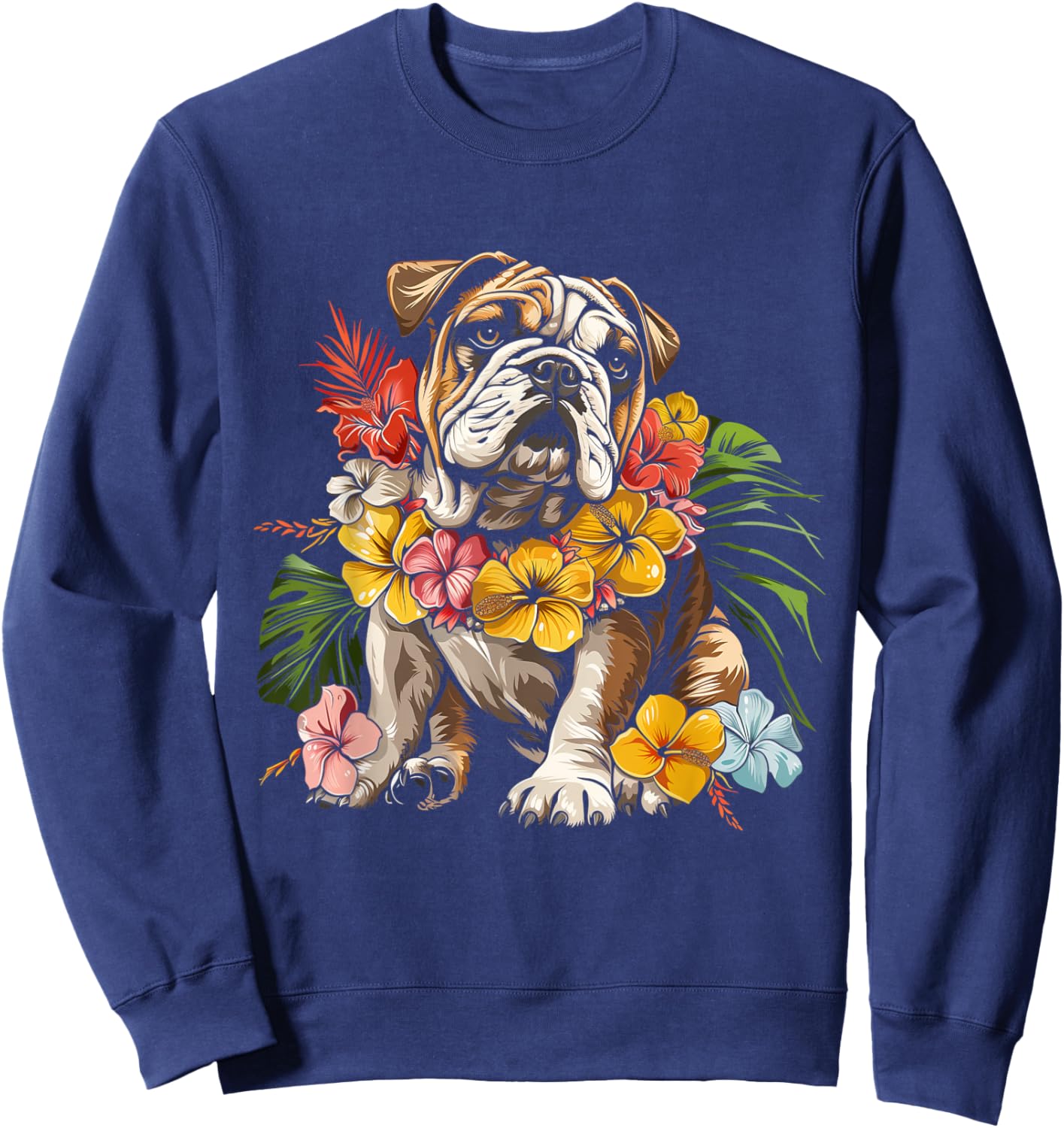 Bulldog Hawaiian Flowers Hibiscus Hula Hawaii Dog Sweatshirt - Sweatshirt | Navy