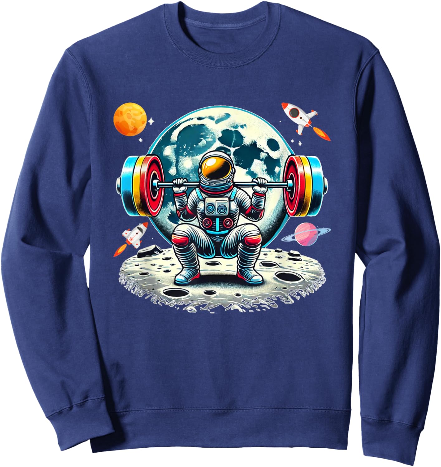 Funny Astronaut Working Out Gym Barbell Squats Outer Space Sweatshirt - Sweatshirt | Navy
