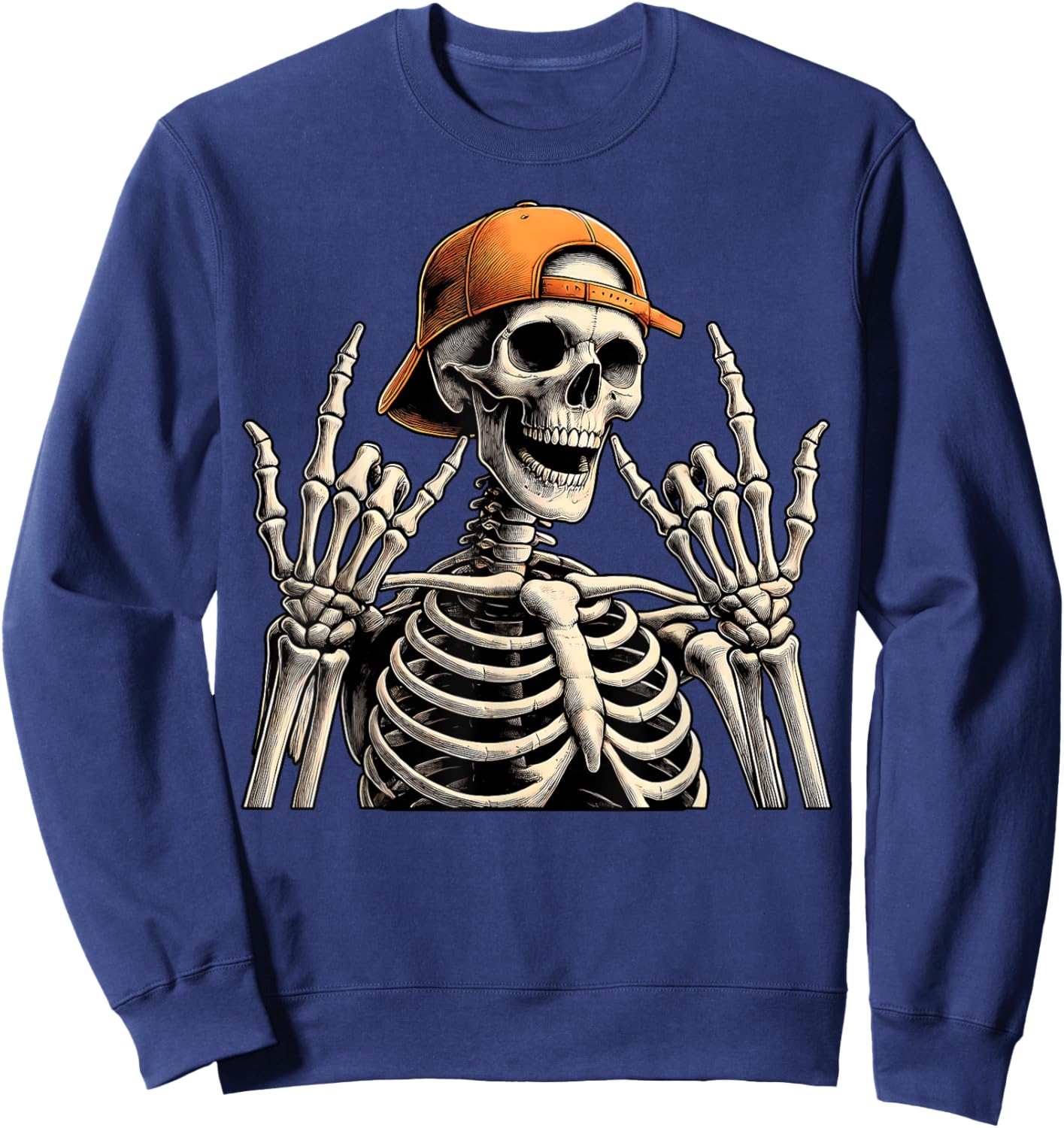 Retro Skeleton Halloween Rock Hand Sign Rock N Roll 90s Sweatshirt - Sweatshirt | Navy