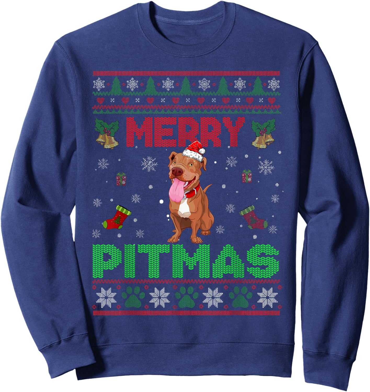 Merry Pitmas Funny Pit Bull Christmas Sweater Gifts Sweatshirt - Sweatshirt | Navy