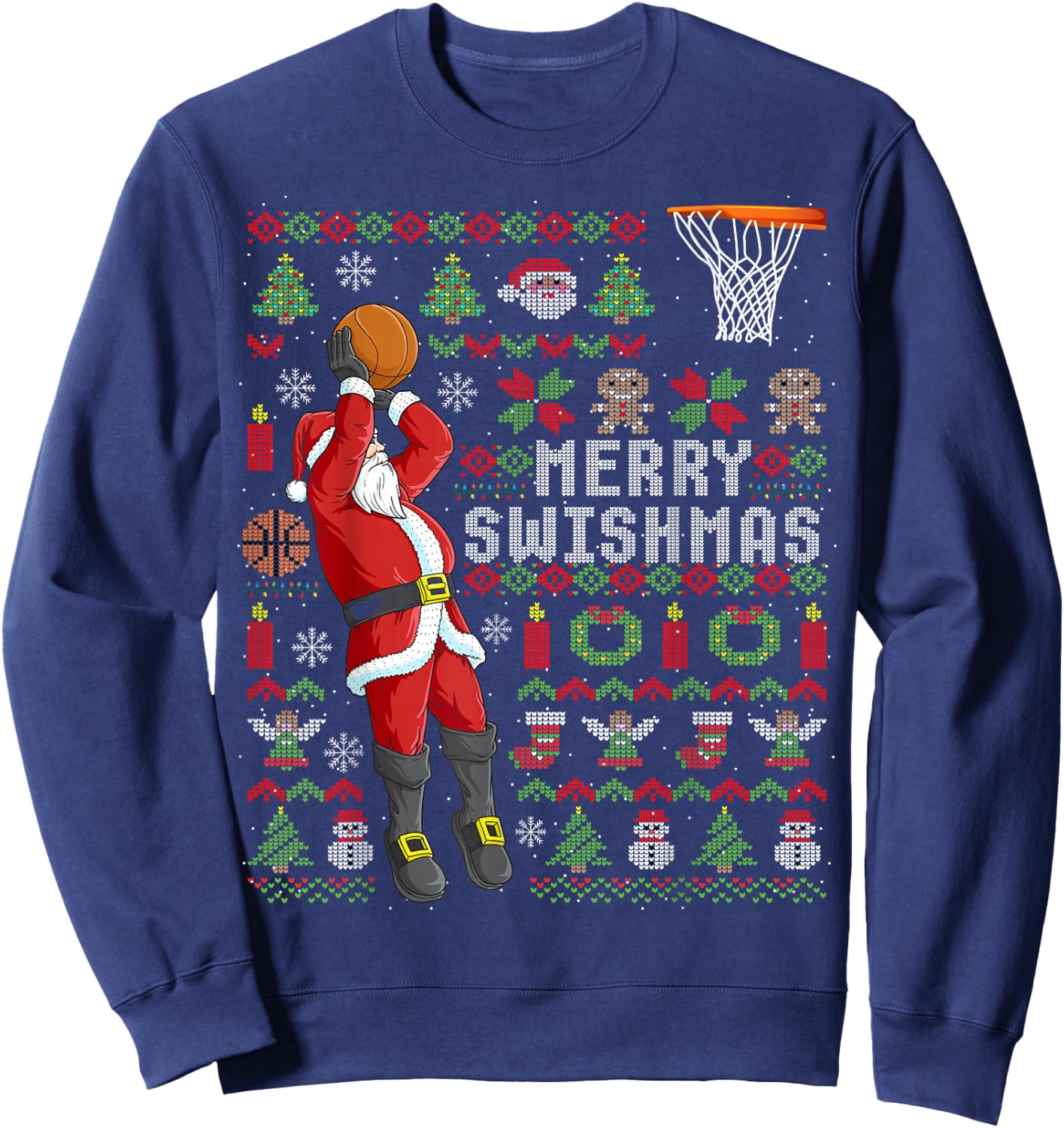 Merry Swishmas Ugly Christmas Basketball Christmas Sweatshirt - Sweatshirt | Navy