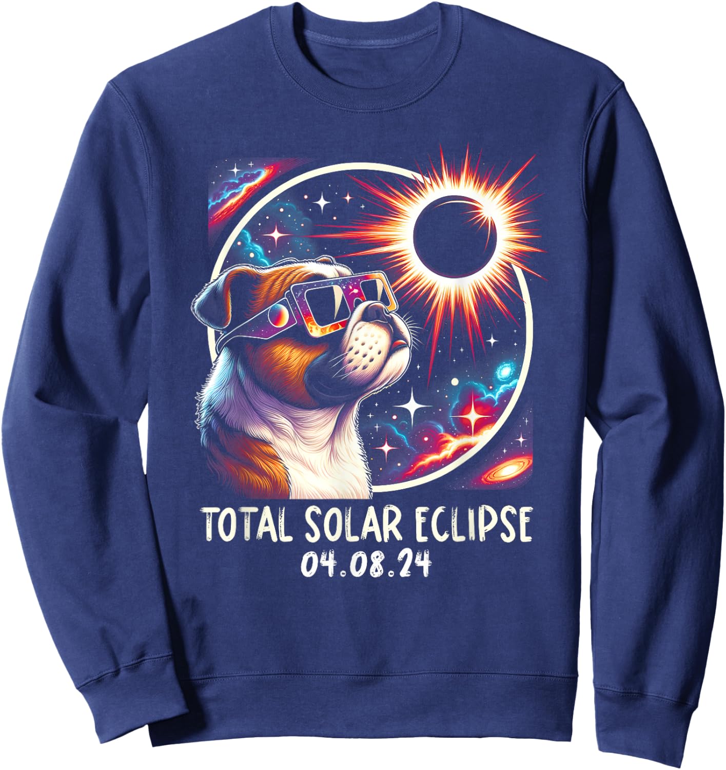 Solar Eclipse Bulldog Wearing Glasses Pet April 8 2024 Women Kids Sweatshirt - Sweatshirt | Navy
