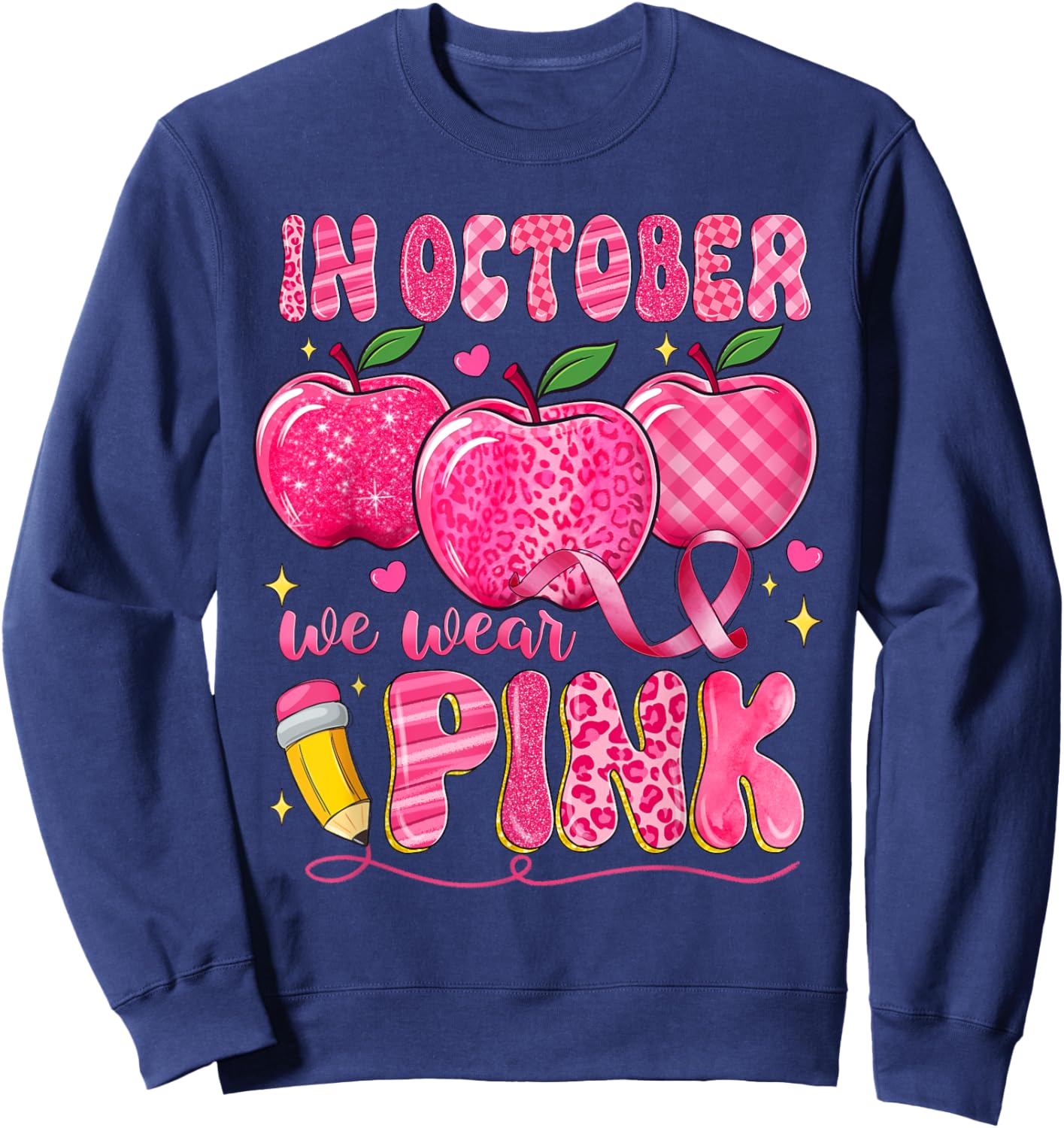 In October We Wear Pink Apple Teacher Leopard Breast Cancer Sweatshirt - Sweatshirt | Navy